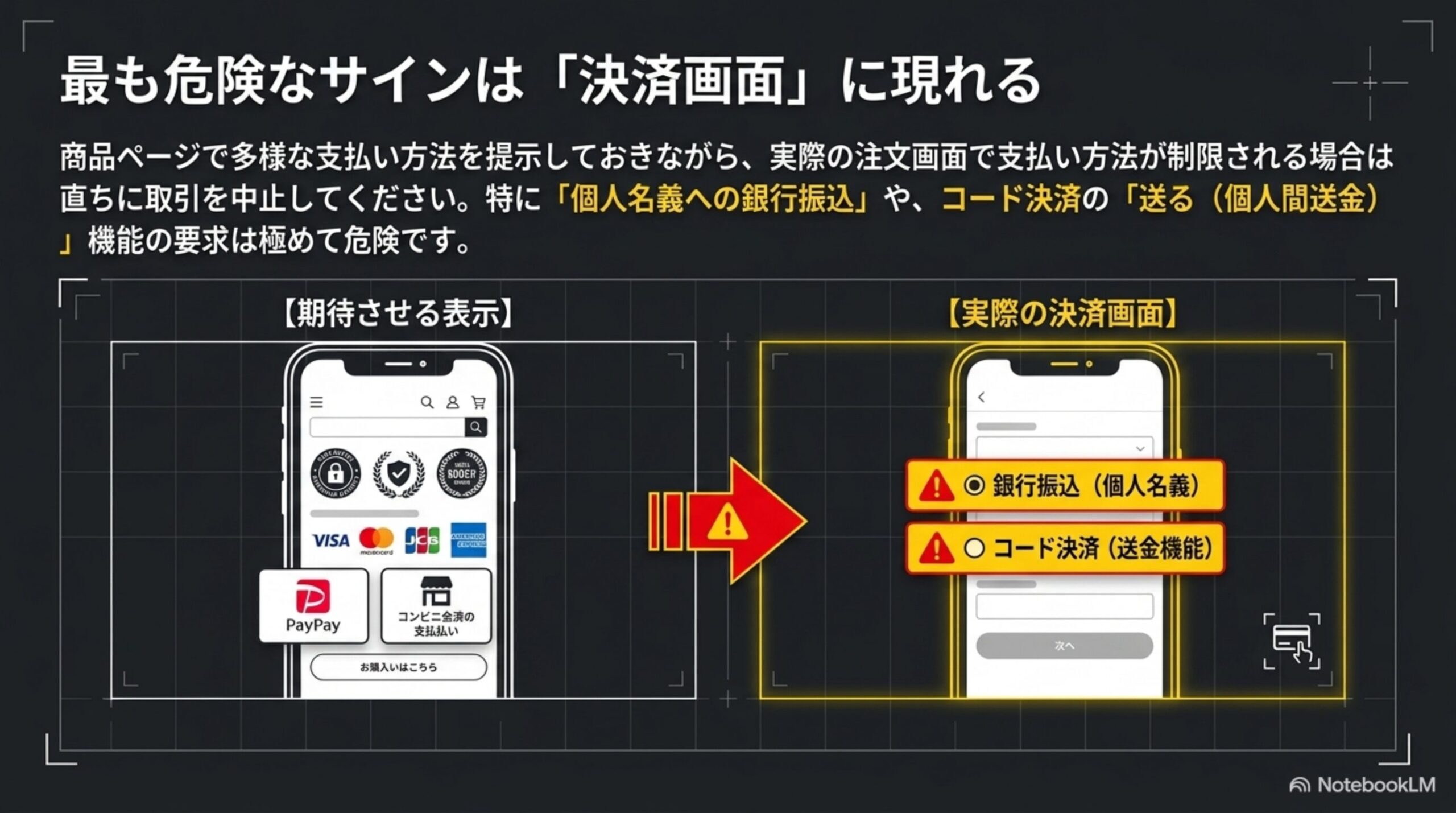期待させる表示（多様な決済アイコン）と実際の決済画面（銀行振込・コード決済送金のみ）