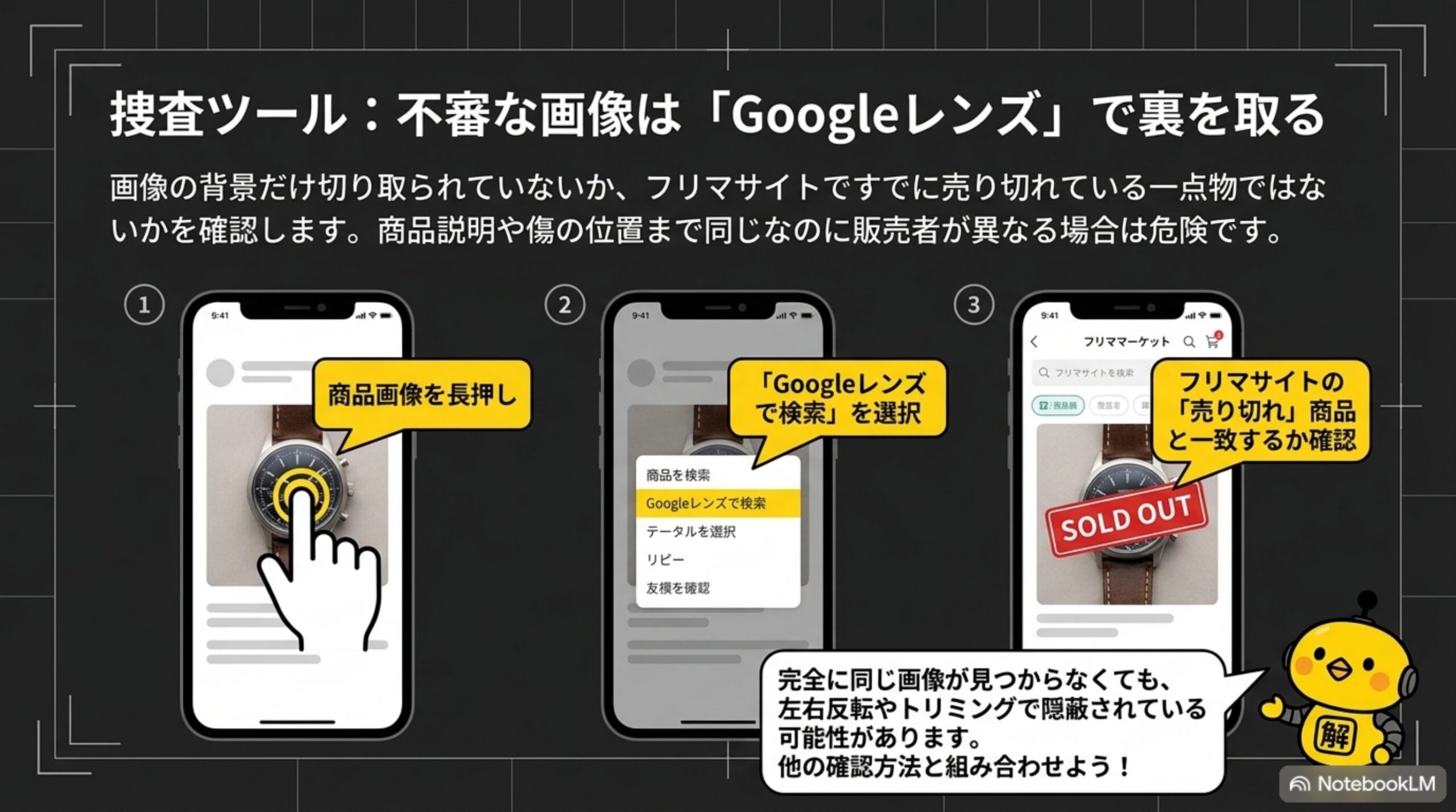 Googleレンズで商品画像を検索する手順：長押し→検索→フリマの売り切れ商品と一致確認