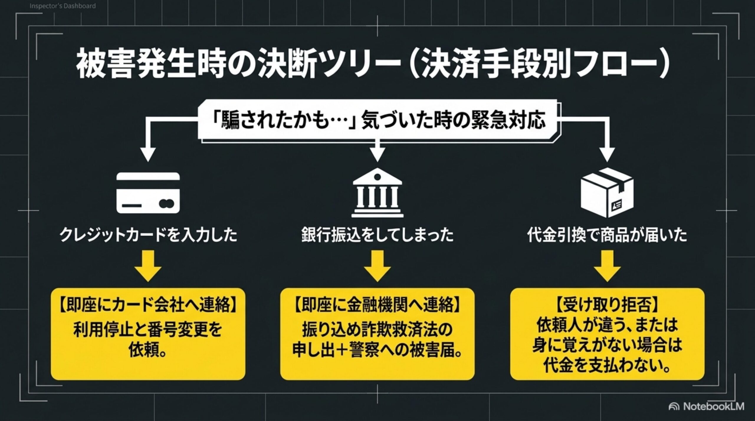 被害発生時の決断ツリー：クレジットカード・銀行振込・代金引換の決済手段別フロー