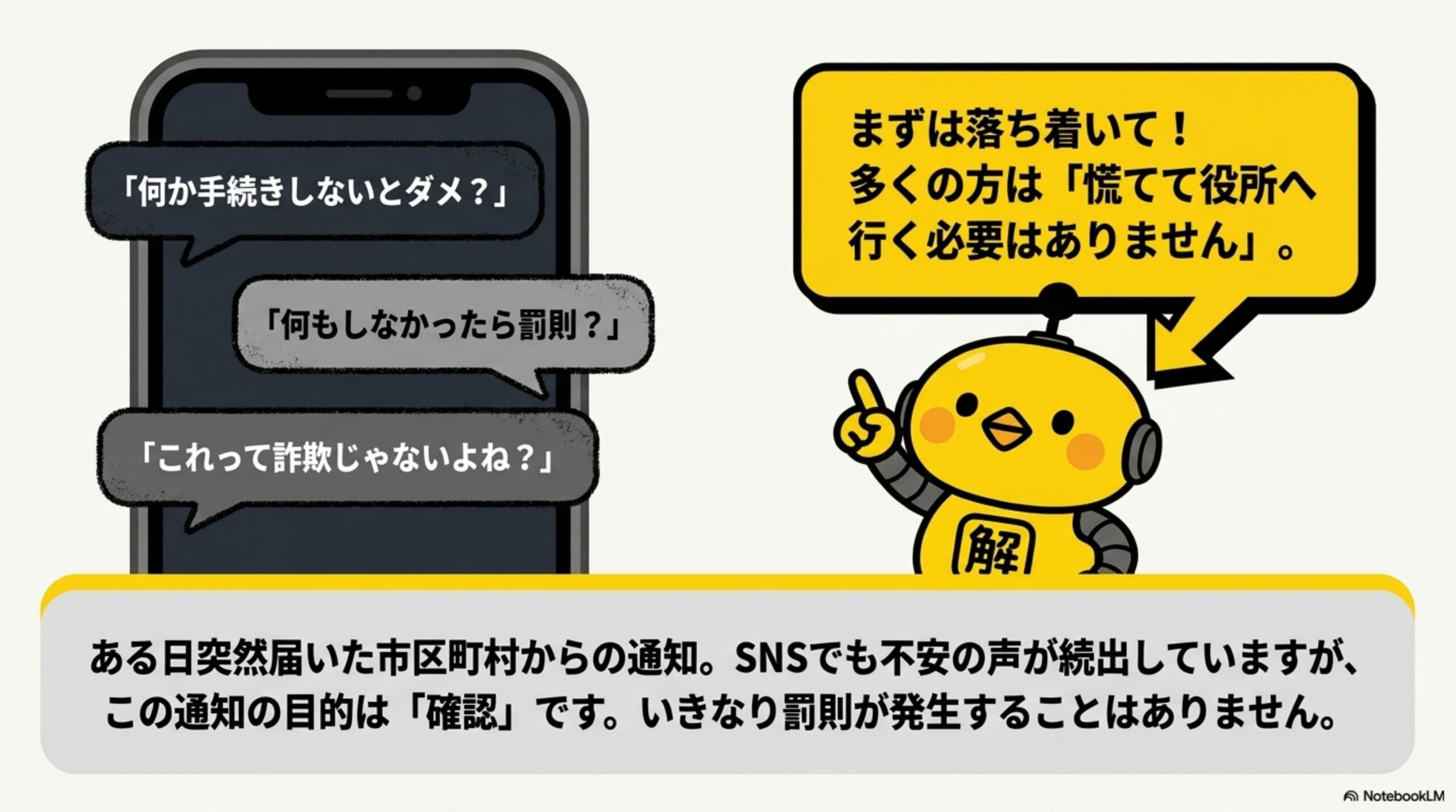 『何か手続きしないとダメ？』『何もしなかったら罰則？』『これって詐欺じゃないよね？』というスマホの不安な声に対し、カイピヨくんが『まずは落ち着いて！多くの方は慌てて役所へ行く必要はありません』と答えているイラスト。
