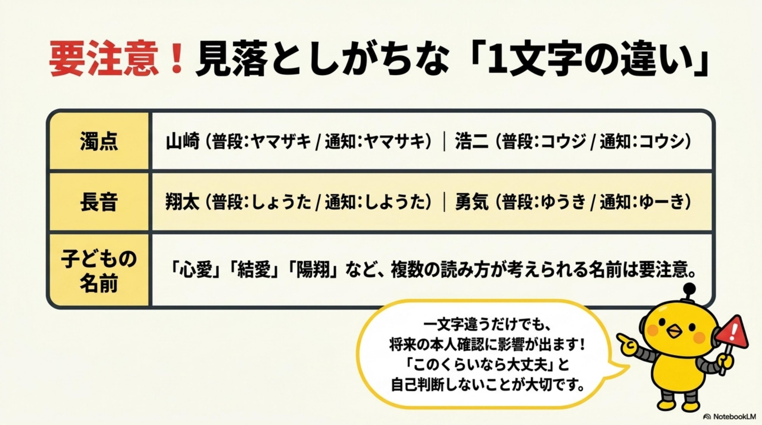 要注意！見落としがちな『1文字の違い』。濁点：山崎（普段：ヤマザキ／通知：ヤマサキ）、浩二（普段：コウジ／通知：コウシ）。長音：翔太（普段：しょうた／通知：しようた）、勇気（普段：ゆうき／通知：ゆーき）。子どもの名前：『心愛』『結愛』『陽翔』など複数の読み方が考えられる名前は要注意。カイピヨくんが『一文字違うだけでも将来の本人確認に影響が出ます。このくらいなら大丈夫と自己判断しないことが大切です』と警告している表。