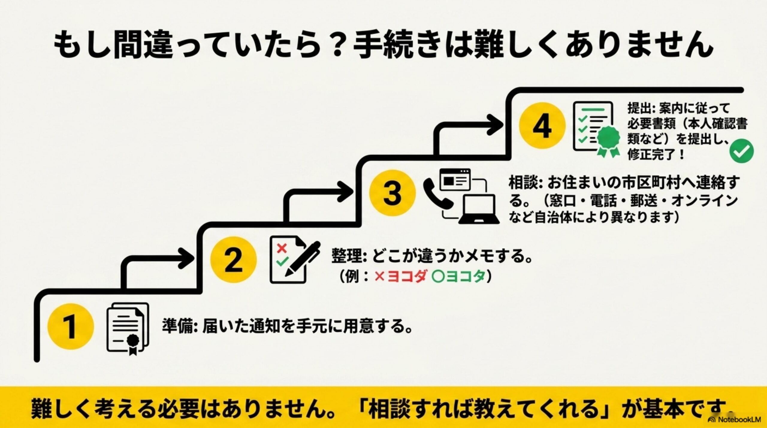 もし間違っていたら？手続きは難しくありません。1.準備：届いた通知を手元に用意する。2.整理：どこが違うかメモする（例：×ヨコダ〇ヨコタ）。3.相談：お住まいの市区町村へ連絡する（窓口・電話・郵送・オンラインなど自治体により異なります）。4.提出：案内に従って必要書類（本人確認書類など）を提出し、修正完了！という階段状のステップ図解。難しく考える必要はありません。相談すれば教えてくれるが基本です。