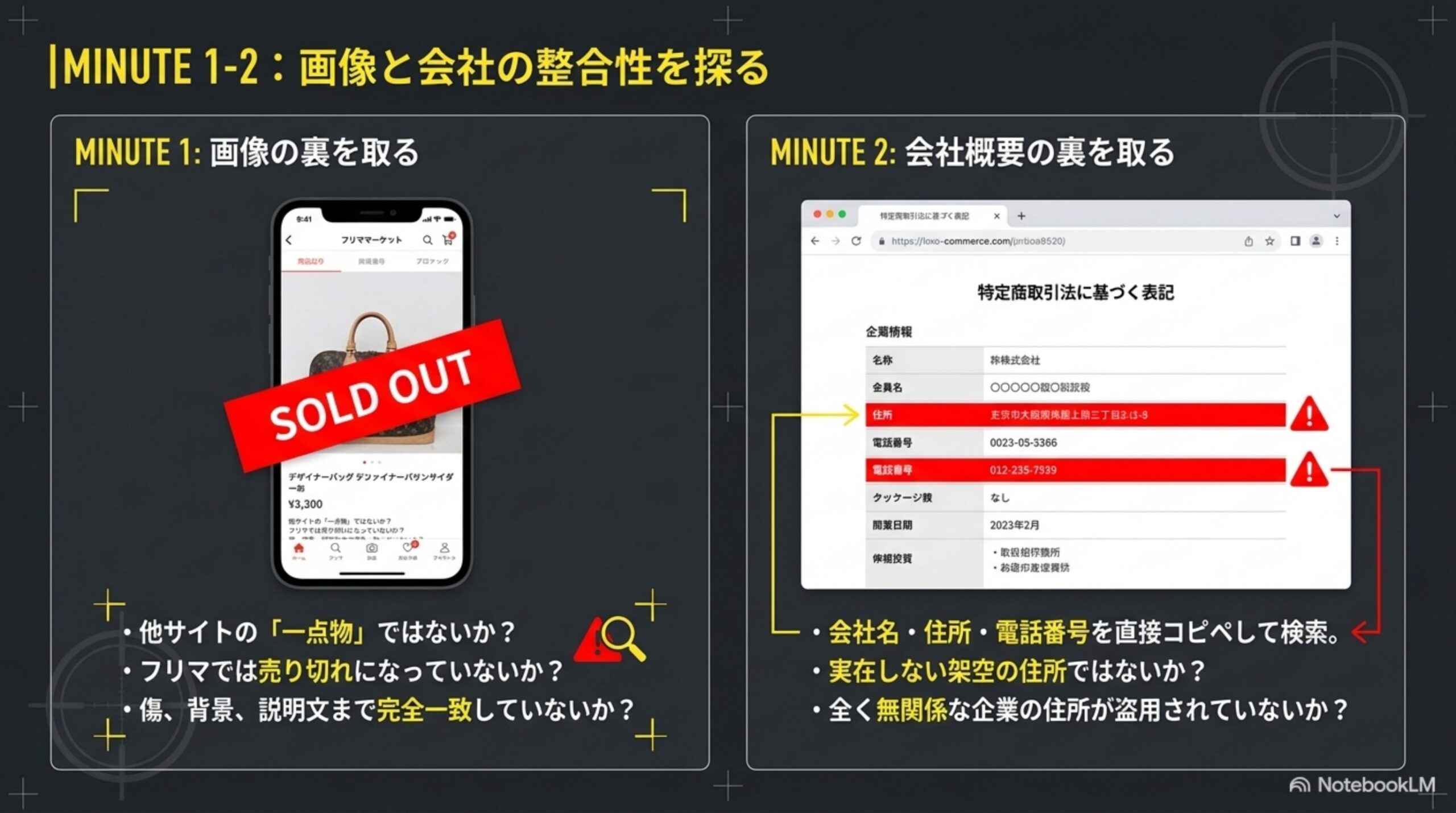 1-2分目：画像と会社の整合性を探る。フリマで売り切れの一点物ではないか、会社名・住所・電話番号を検索して実在しない架空の住所ではないかを確認する2カラム図解