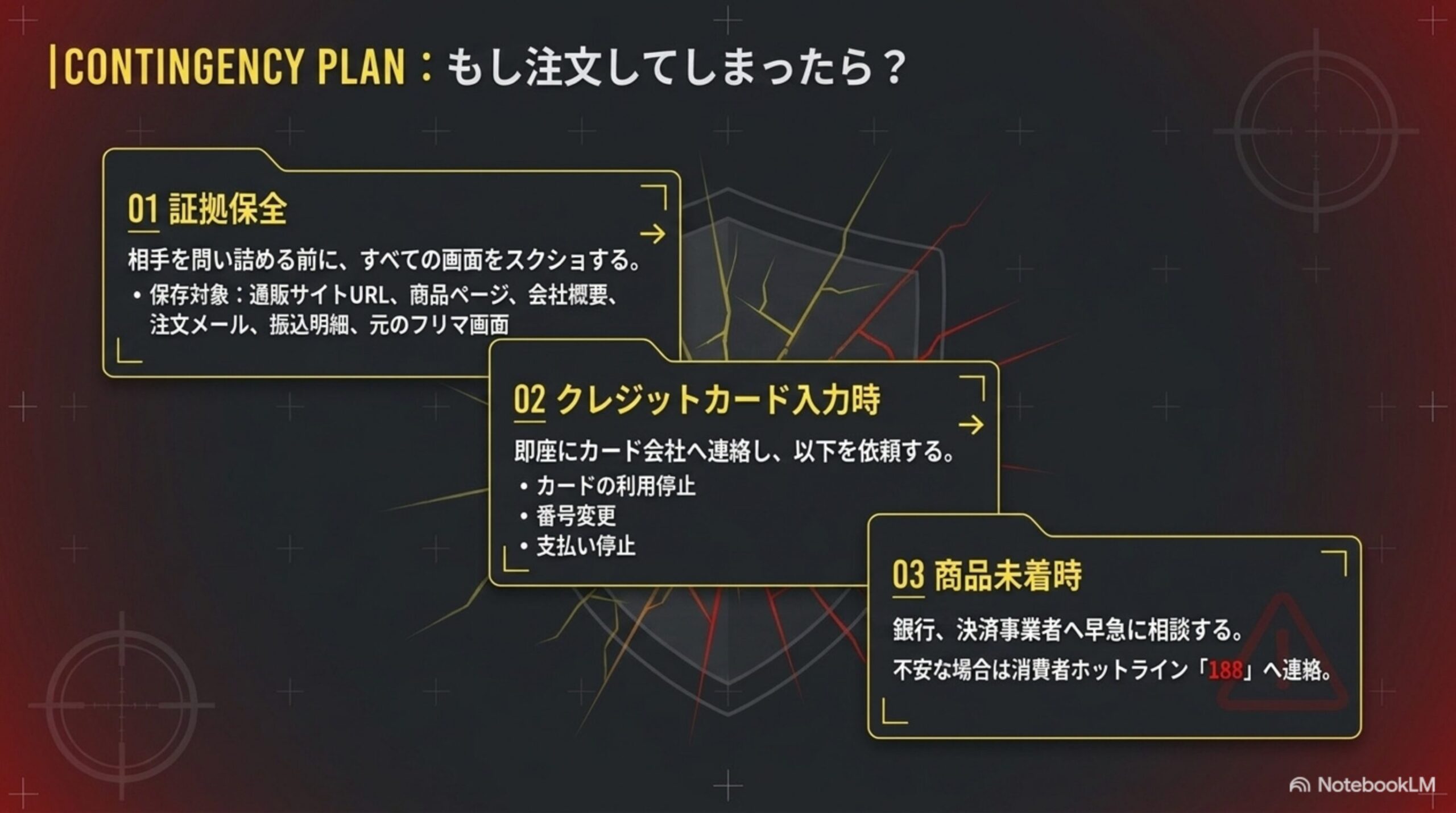 もし注文してしまったら。証拠保全(相手を問い詰める前にすべての画面をスクショ)、クレジットカード入力時(即座にカード会社へ連絡)、商品未着時(銀行・決済事業者へ早急に相談)の3ステップ