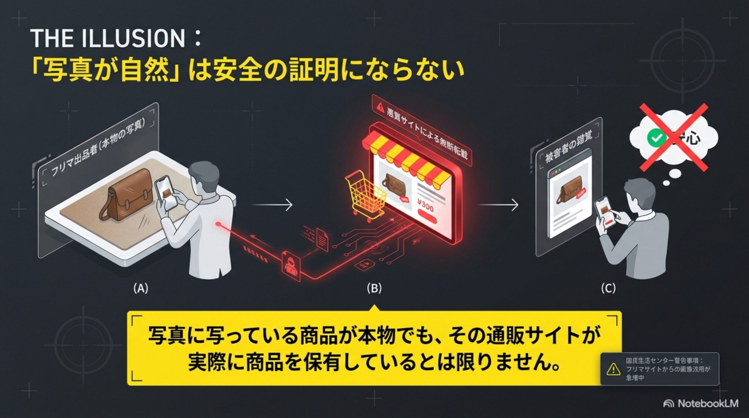 写真が自然は安全の証明にならない。フリマ出品者(本物の写真)から悪質サイトによる無断転載を経て被害者の錯覚に至るという図解