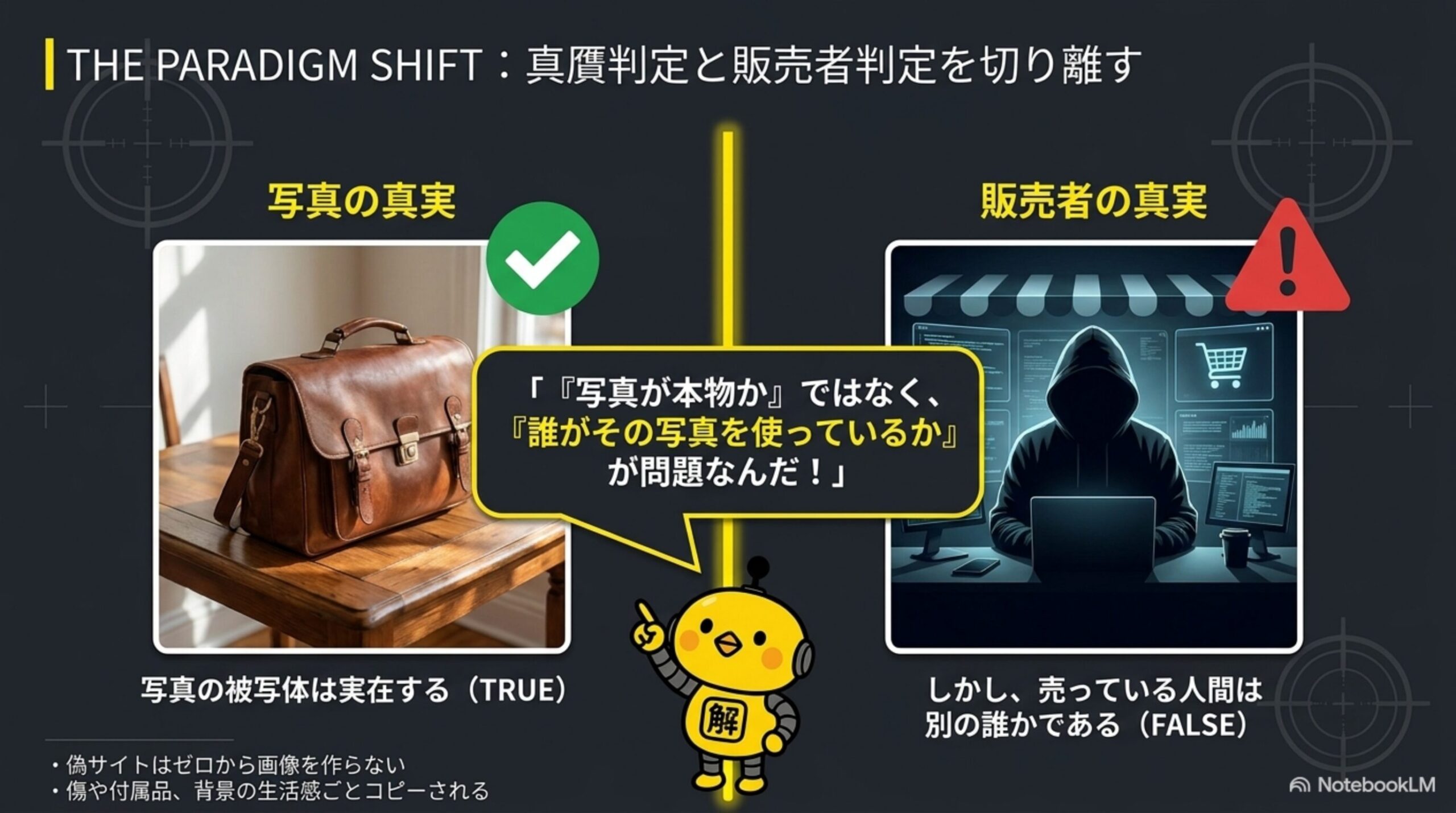 真贋判定と販売者判定を切り離す。写真の被写体は実在する(TRUE)が、売っている人間は別の誰かである(FALSE)という対比図解