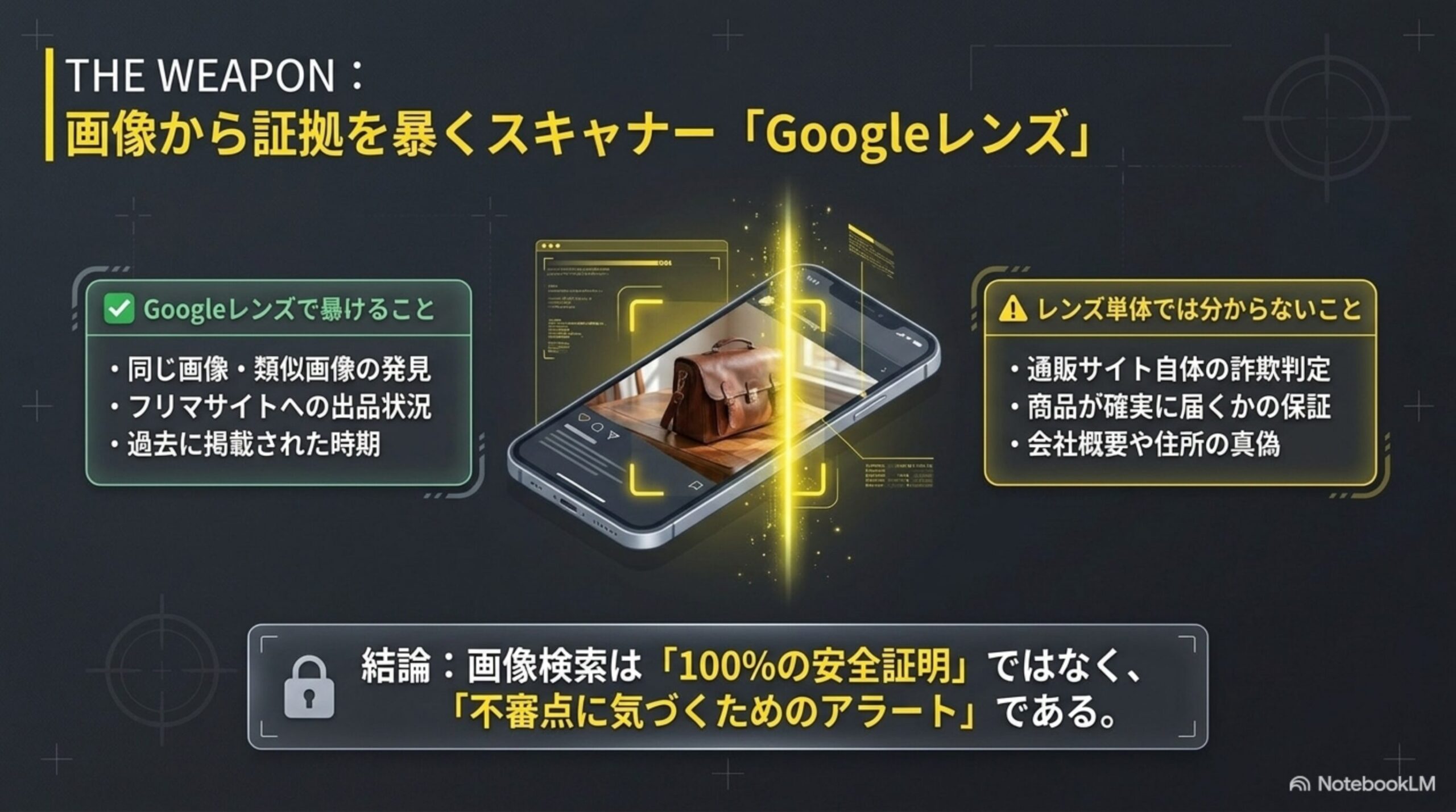 画像から証拠を暴くスキャナーGoogleレンズ。暴けること(同じ画像・類似画像の発見、フリマサイトへの出品状況、過去に掲載された時期)と分からないこと(通販サイト自体の詐欺判定、商品が確実に届くかの保証、会社概要や住所の真偽)の比較