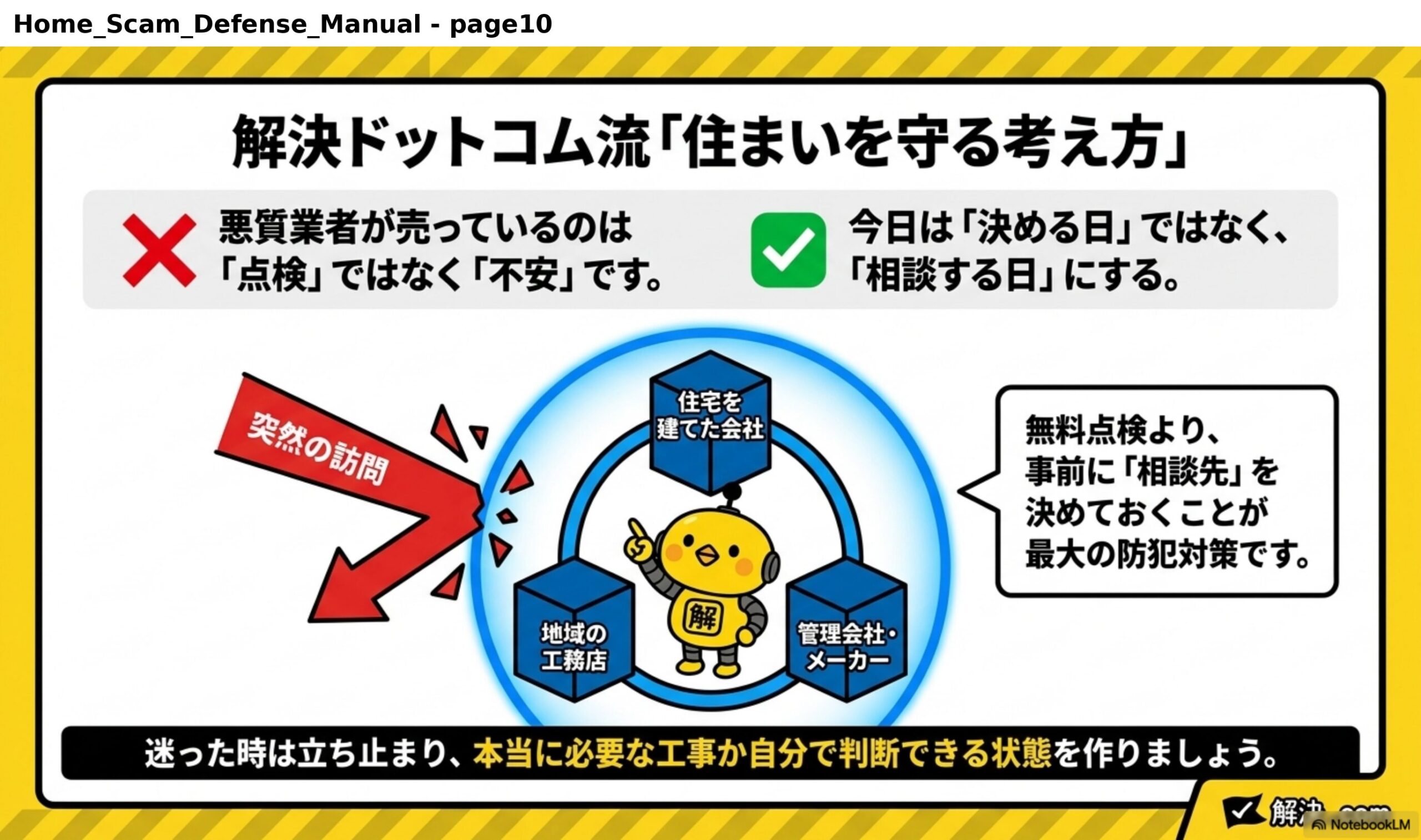 解決ドットコム流「住まいを守る考え方」。悪質業者が売っているのは「点検」ではなく「不安」です。今日は「決める日」ではなく、「相談する日」にする。住宅を建てた会社・地域の工務店・管理会社/メーカーなど、無料点検より事前に「相談先」を決めておくことが最大の防犯対策です。迷った時は立ち止まり、本当に必要な工事か自分で判断できる状態を作りましょう。