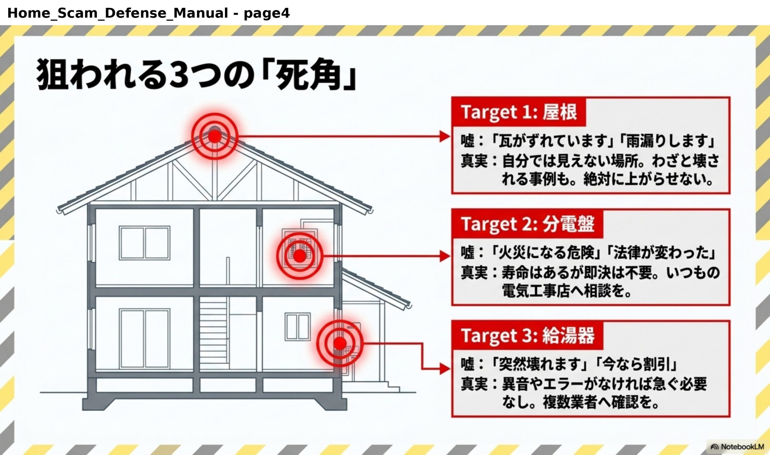 狙われる3つの「死角」。Target1屋根：嘘「瓦がずれています」「雨漏りします」。真実：自分では見えない場所。わざと壊される事例も。絶対に上がらせない。Target2分電盤：嘘「火災になる危険」「法律が変わった」。真実：寿命はあるが即決は不要。いつもの電気工事店へ相談を。Target3給湯器：嘘「突然壊れます」「今なら割引」。真実：異音やエラーがなければ急ぐ必要なし。複数業者へ確認を。
