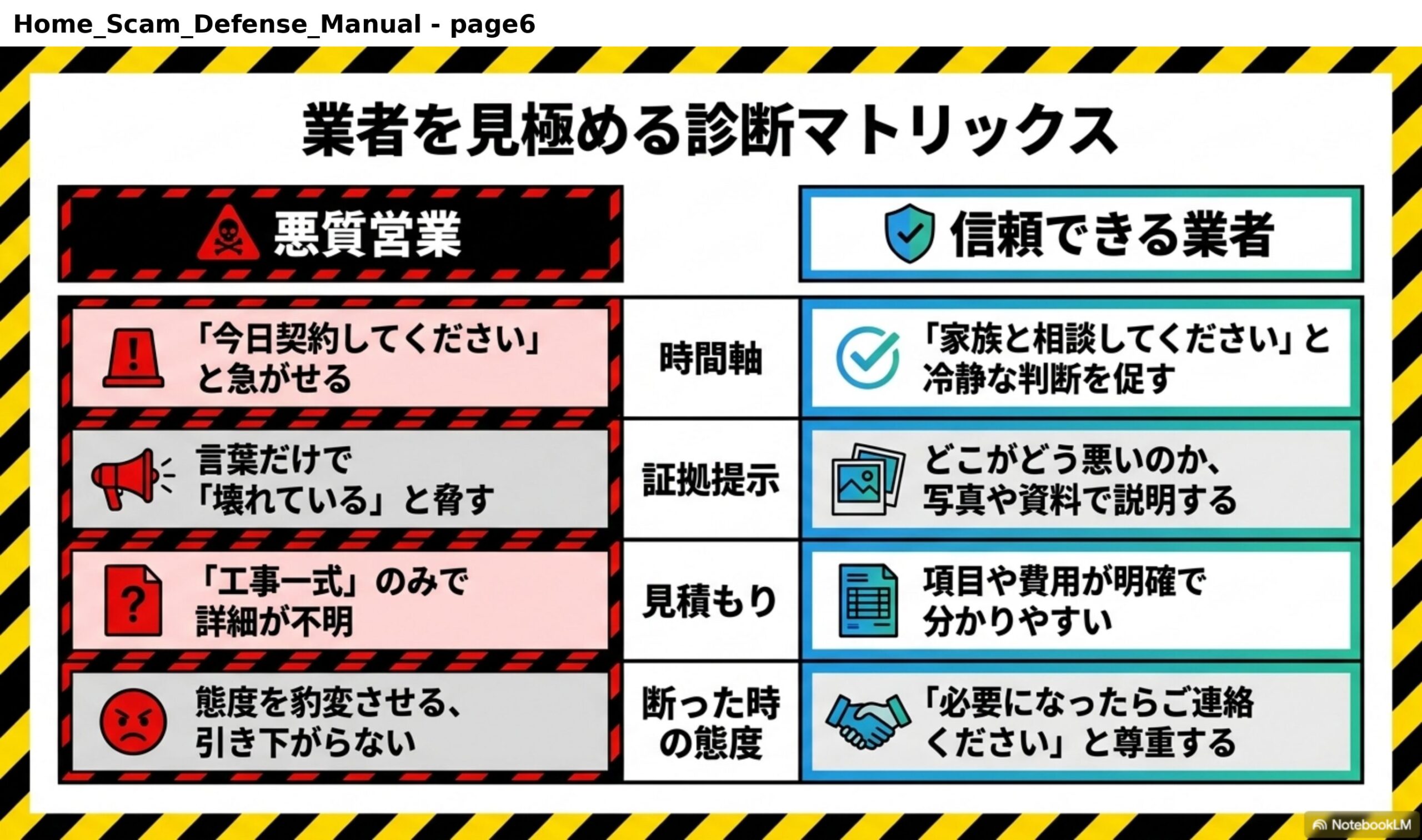 業者を見極める診断マトリックス。時間軸：悪質営業は「今日契約してください」と急がせる／信頼できる業者は「家族と相談してください」と冷静な判断を促す。証拠提示：悪質営業は言葉だけで「壊れている」と脅す／信頼できる業者はどこがどう悪いのか写真や資料で説明する。見積もり：悪質営業は「工事一式」のみで詳細が不明／信頼できる業者は項目や費用が明確で分かりやすい。断った時の態度：悪質営業は態度を豹変させる、引き下がらない／信頼できる業者は「必要になったらご連絡ください」と尊重する。