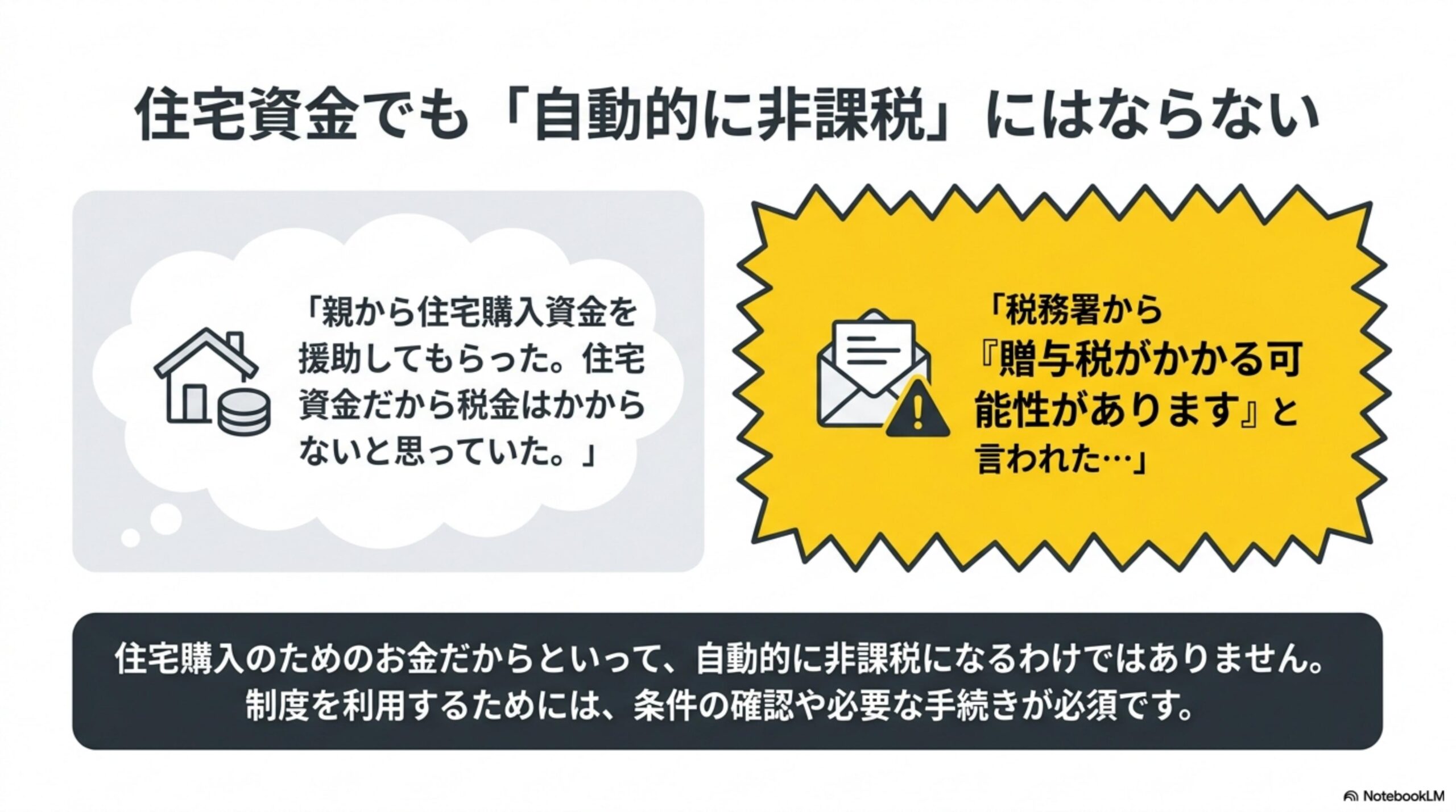 住宅資金でも「自動的に非課税」にはならない。『親から住宅購入資金を援助してもらった。住宅資金だから税金はかからないと思っていた』→『税務署から贈与税がかかる可能性がありますと言われた…』。住宅購入のためのお金だからといって自動的に非課税になるわけではありません。制度を利用するためには条件の確認や必要な手続きが必須です。