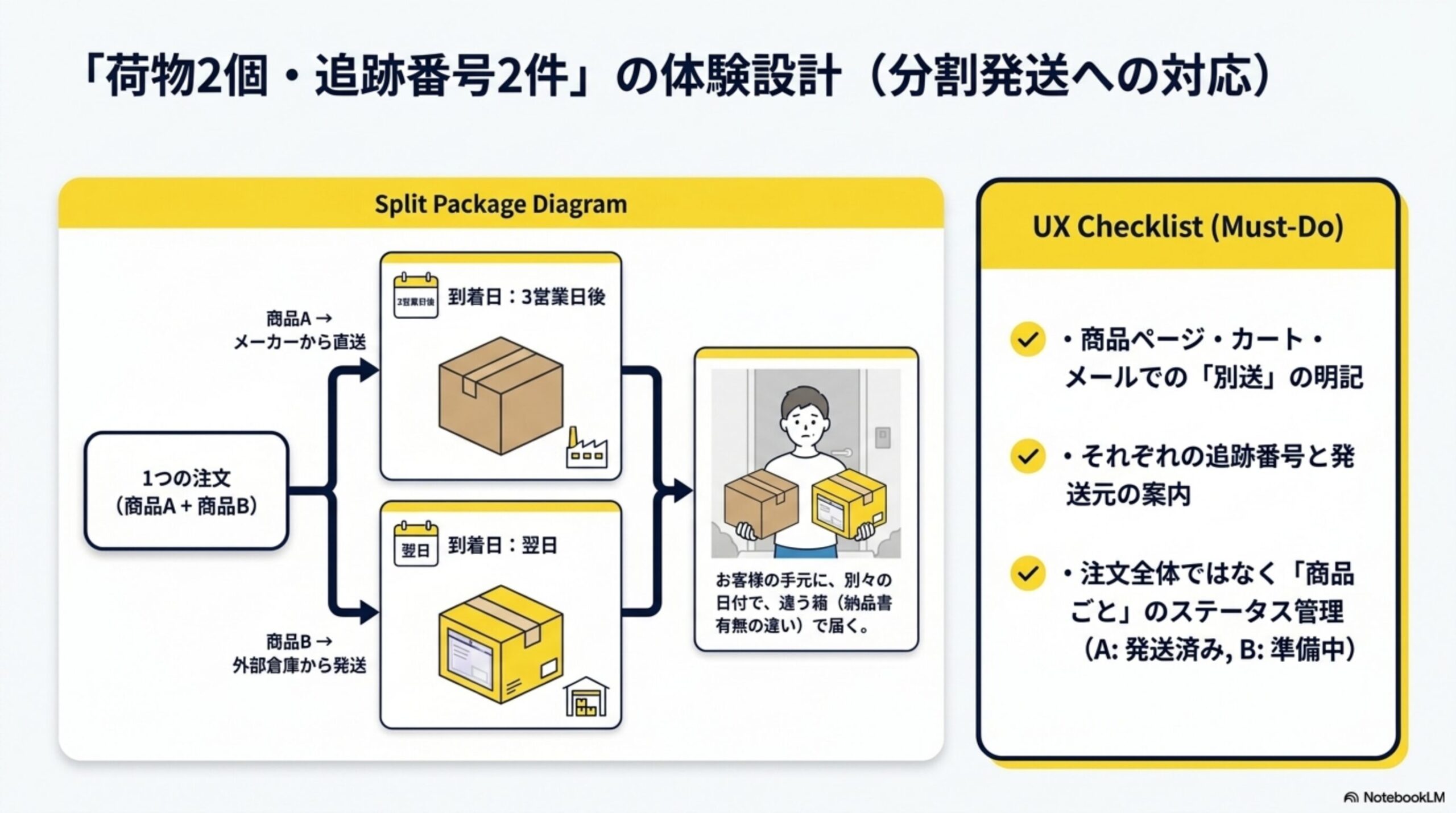 「荷物2個・追跡番号2件」の体験設計(分割発送への対応)。Split Package Diagram：1つの注文(商品A+商品B)→商品Aはメーカーから直送(到着日3営業日後)、商品Bは外部倉庫から発送(到着日翌日)→お客様の手元に別々の日付・違う箱(納品書有無の違い)で届く。UX Checklist：商品ページ・カート・メールでの「別送」の明記、それぞれの追跡番号と発送元の案内、注文全体ではなく「商品ごと」のステータス管理(A:発送済み、B:準備中)