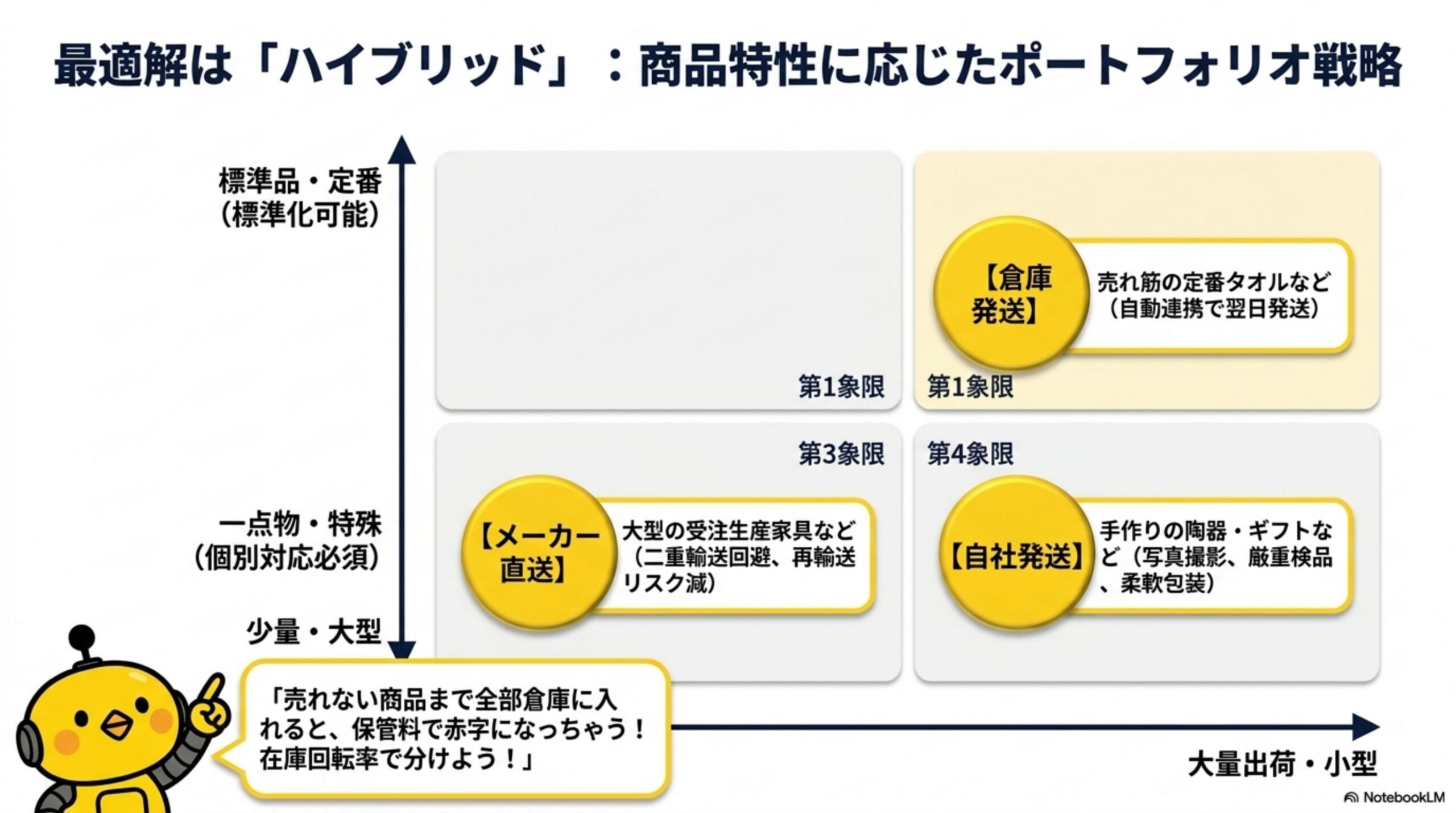 最適解は「ハイブリッド」：商品特性に応じたポートフォリオ戦略。縦軸(標準品・定番⇔一点物・特殊)×横軸(少量・大型⇔大量出荷・小型)の4象限マトリクス。【倉庫発送】売れ筋の定番タオルなど(自動連携で翌日発送)。【メーカー直送】大型の受注生産家具など(二重輸送回避、再輸送リスク減)。【自社発送】手作りの陶器・ギフトなど(写真撮影、厳重検品、柔軟包装)。カイピヨくんの「売れない商品まで全部倉庫に入れると、保管料で赤字になっちゃう！在庫回転率で分けよう！」