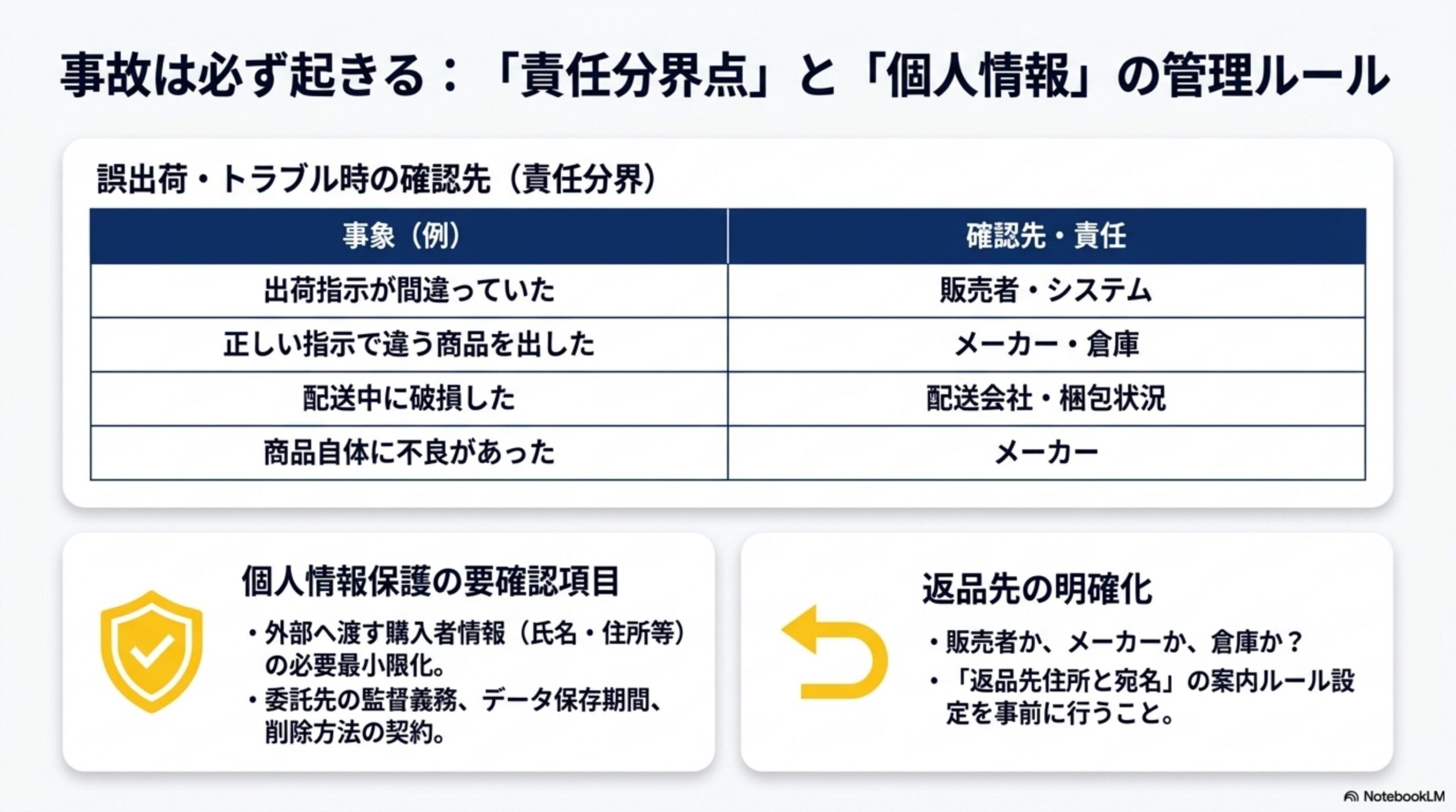 事故は必ず起きる：「責任分界点」と「個人情報」の管理ルール。誤出荷・トラブル時の確認先(責任分界)：出荷指示が間違っていた→販売者・システム、正しい指示で違う商品を出した→メーカー・倉庫、配送中に破損した→配送会社・梱包状況、商品自体に不良があった→メーカー。個人情報保護の要確認項目：外部へ渡す購入者情報(氏名・住所等)の必要最小限化、委託先の監督義務・データ保存期間・削除方法の契約。返品先の明確化：販売者か、メーカーか、倉庫か？「返品先住所と宛名」の案内ルール設定を事前に行うこと