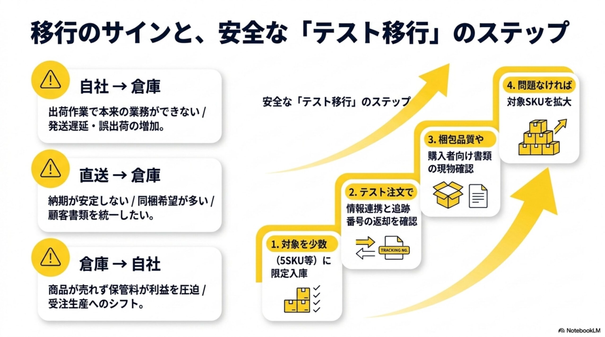 移行のサインと、安全な「テスト移行」のステップ。自社→倉庫(出荷作業で本来の業務ができない/発送遅延・誤出荷の増加)、直送→倉庫(納期が安定しない/同梱希望が多い/顧客書類を統一したい)、倉庫→自社(商品が売れず保管料が利益を圧迫/受注生産へのシフト)。安全な「テスト移行」のステップ：1.対象を少数(5SKU等)に限定入庫→2.テスト注文で情報連携と追跡番号の返却を確認→3.梱包品質や購入者向け書類の現物確認→4.問題なければ対象SKUを拡大