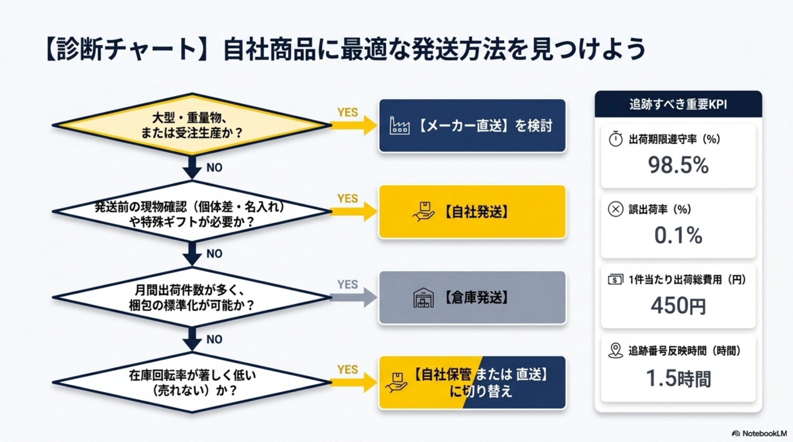 【診断チャート】自社商品に最適な発送方法を見つけよう。大型・重量物、または受注生産か？→YES:【メーカー直送】を検討。NO→発送前の現物確認(個体差・名入れ)や特殊ギフトが必要か？→YES:【自社発送】。NO→月間出荷件数が多く、梱包の標準化が可能か？→YES:【倉庫発送】。NO→在庫回転率が著しく低い(売れない)か？→YES:【自社保管または直送】に切り替え。追跡すべき重要KPI：出荷期限遵守率98.5%、誤出荷率0.1%、1件当たり出荷総費用450円、追跡番号反映時間1.5時間