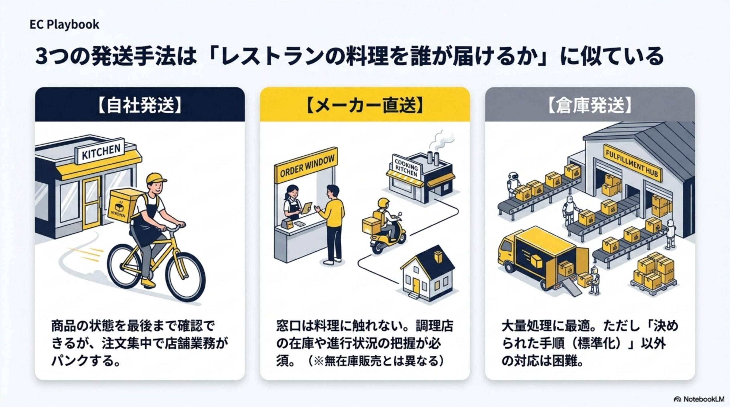 3つの発送手法は「レストランの料理を誰が届けるか」に似ている。【自社発送】商品の状態を最後まで確認できるが、注文集中で店舗業務がパンクする。【メーカー直送】窓口は料理に触れない、調理店の在庫や進行状況の把握が必須(※無在庫販売とは異なる)。【倉庫発送】大量処理に最適、ただし「決められた手順(標準化)」以外の対応は困難
