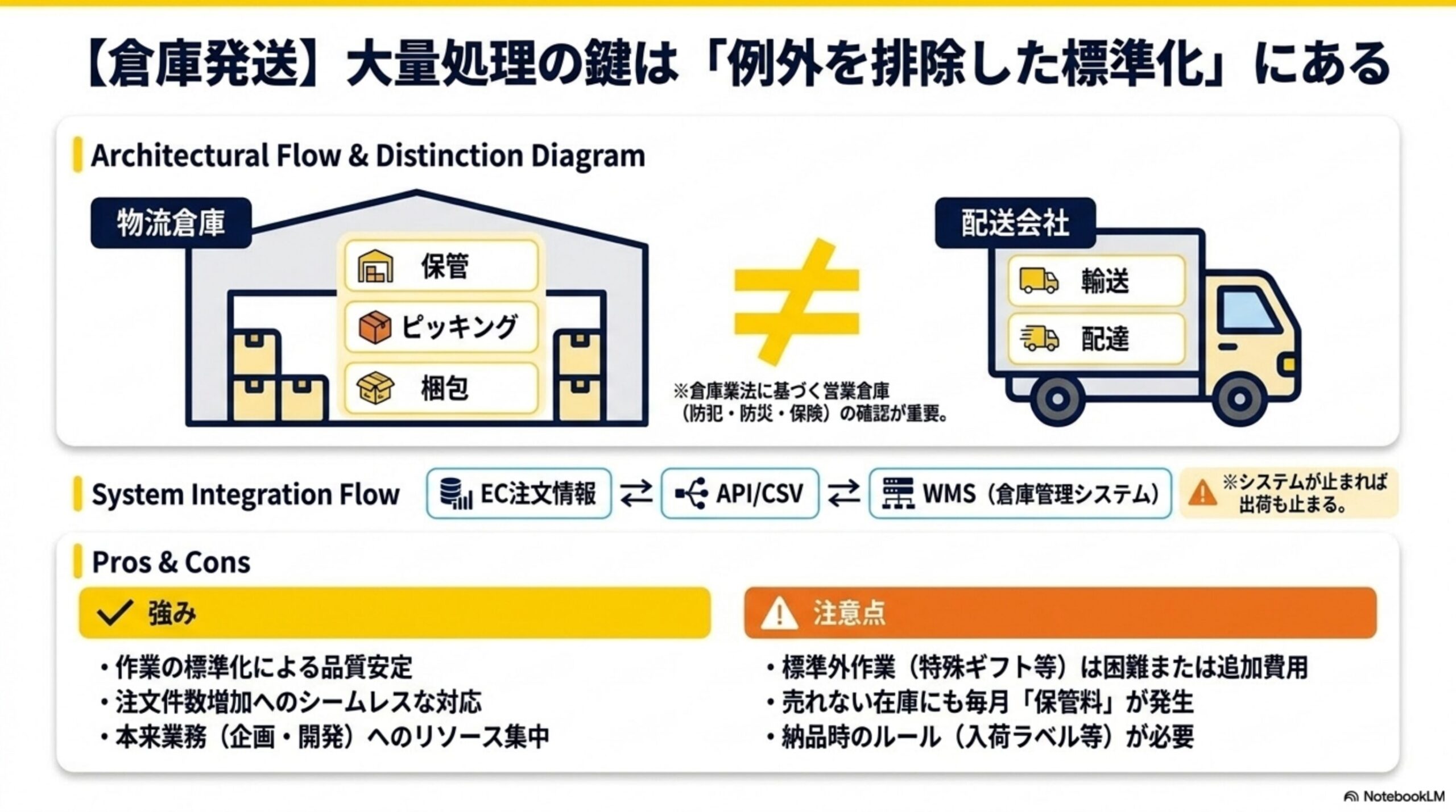 【倉庫発送】大量処理の鍵は「例外を排除した標準化」にある。物流倉庫(保管・ピッキング・梱包)≠配送会社(輸送・配達)、※倉庫業法に基づく営業倉庫(防犯・防災・保険)の確認が重要。System Integration Flow：EC注文情報⇄API/CSV⇄WMS(倉庫管理システム)、※システムが止まれば出荷も止まる。強み：作業の標準化による品質安定、注文件数増加へのシームレスな対応、本来業務(企画・開発)へのリソース集中。注意点：標準外作業(特殊ギフト等)は困難または追加費用、売れない在庫にも毎月「保管料」が発生、納品時のルール(入荷ラベル等)が必要