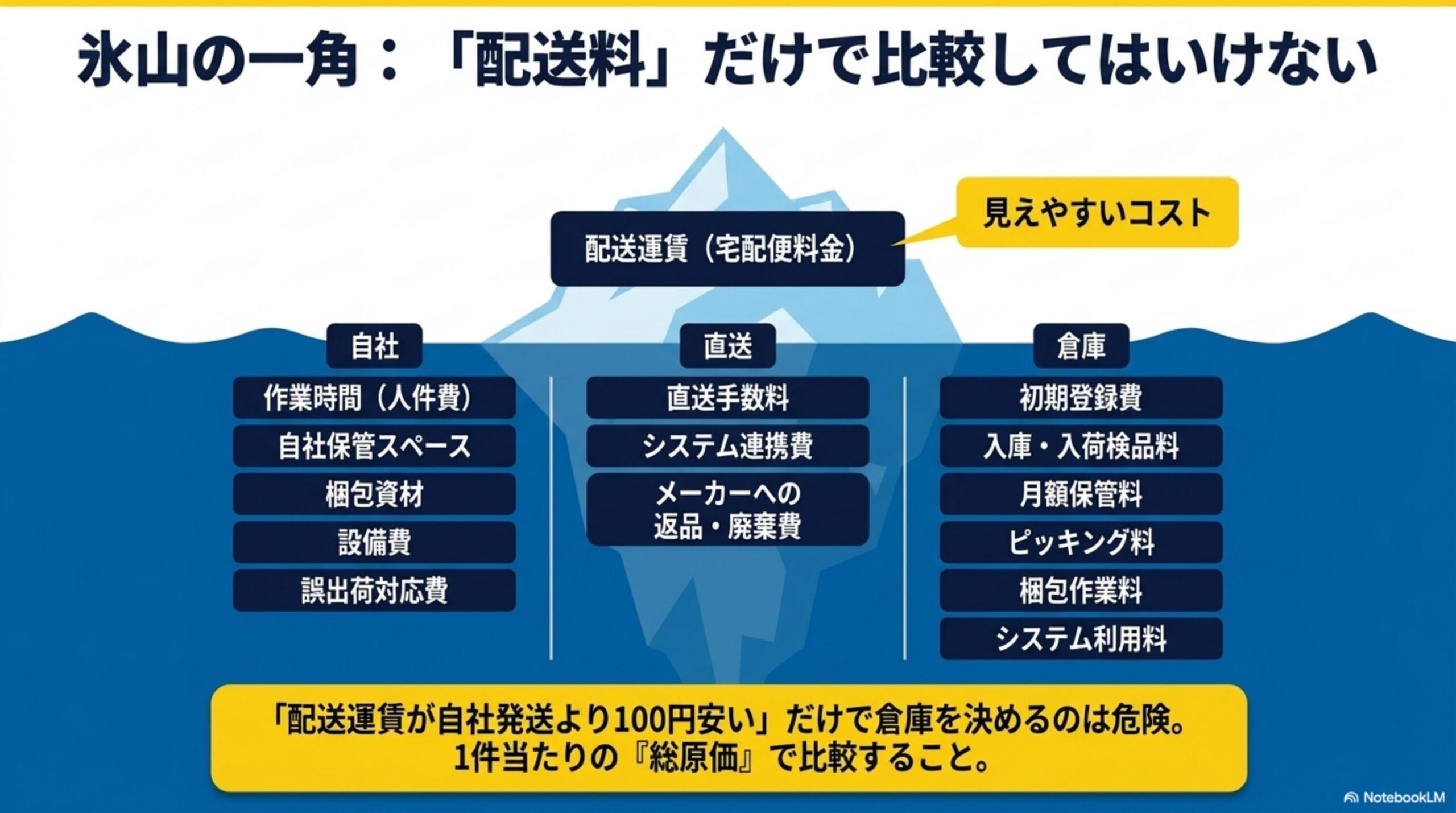 氷山の一角：「配送料」だけで比較してはいけない。見えやすいコスト(配送運賃・宅配便料金)は氷山の一角、水面下に自社(作業時間・人件費、自社保管スペース、梱包資材、設備費、誤出荷対応費)、直送(直送手数料、システム連携費、メーカーへの返品・廃棄費)、倉庫(初期登録費、入庫・入荷検品料、月額保管料、ピッキング料、梱包作業料、システム利用料)が隠れている。「配送運賃が自社発送より100円安い」だけで倉庫を決めるのは危険。1件当たりの「総原価」で比較すること