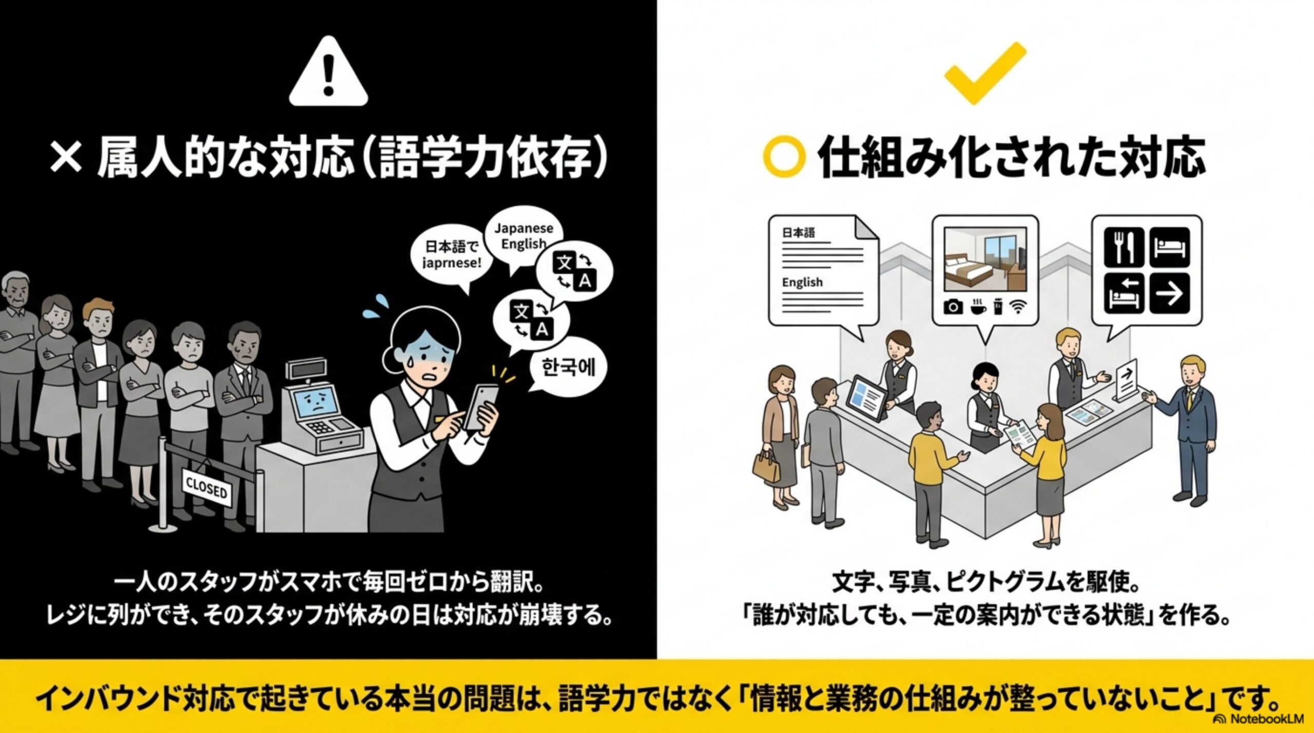 属人的な対応(語学力依存)と仕組み化された対応の比較。一人のスタッフが毎回ゼロから翻訳しレジに列ができる状態と、文字・写真・ピクトグラムを駆使し誰が対応しても一定の案内ができる状態の対比図解