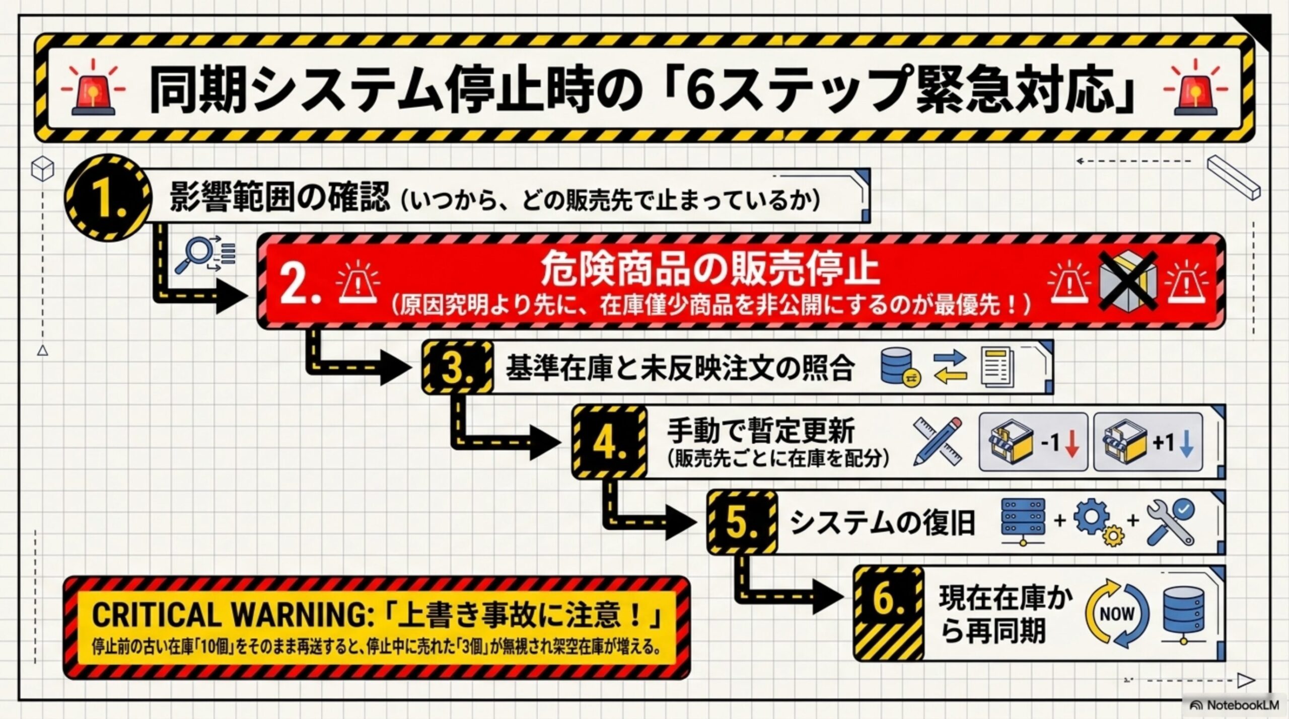 同期システム停止時の6ステップ緊急対応。1.影響範囲の確認（いつから、どの販売先で止まっているか）。2.危険商品の販売停止（原因究明より先に在庫僅少商品を非公開にするのが最優先）。3.基準在庫と未反映注文の照合。4.手動で暫定更新（販売先ごとに在庫を配分）。5.システムの復旧。6.現在在庫から再同期。CRITICAL WARNING：上書き事故に注意、停止前の古い在庫をそのまま再送すると停止中に売れた分が無視され架空在庫が増える