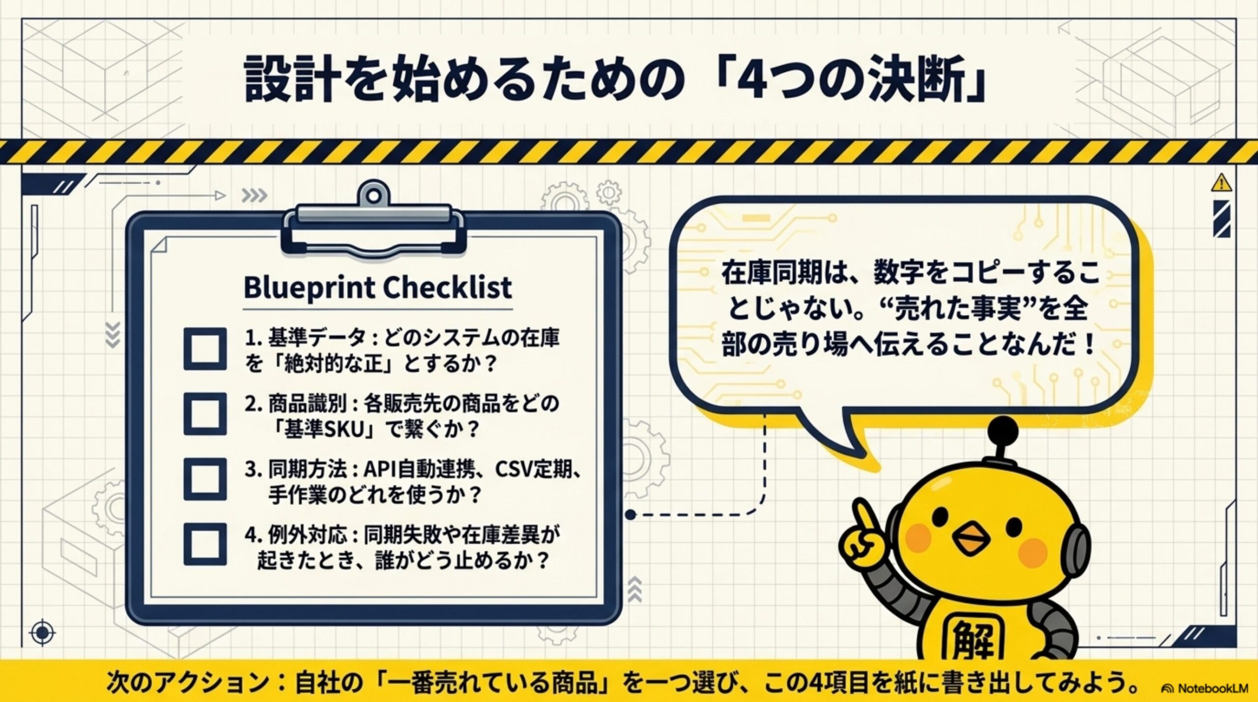 設計を始めるための4つの決断（Blueprint Checklist）。1.基準データ：どのシステムの在庫を絶対的な正とするか。2.商品識別：各販売先の商品をどの基準SKUで繋ぐか。3.同期方法：API自動連携・CSV定期・手作業のどれを使うか。4.例外対応：同期失敗や在庫差異が起きたとき誰がどう止めるか。次のアクション：自社の一番売れている商品を一つ選び、この4項目を紙に書き出してみよう