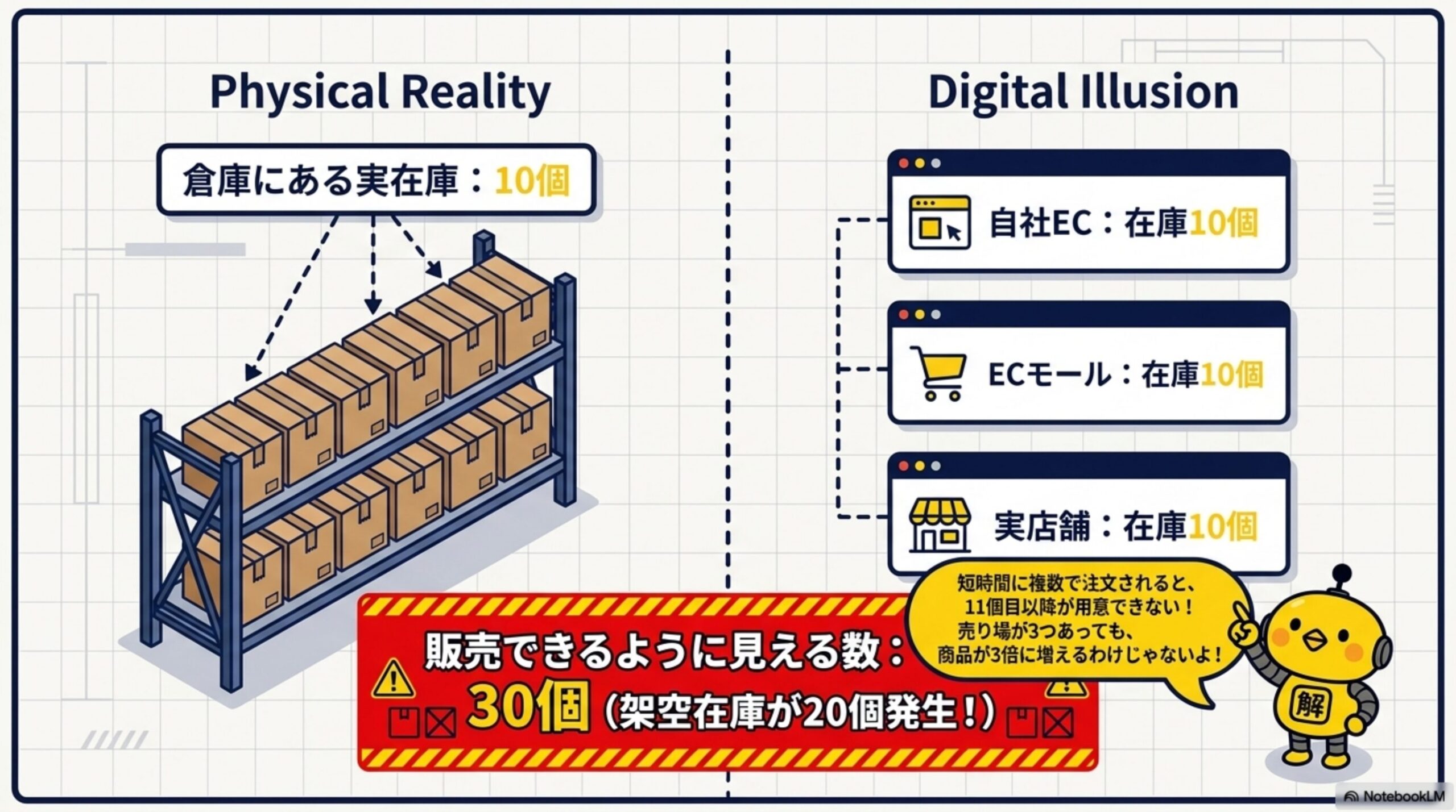 Physical Reality（倉庫にある実在庫：10個）とDigital Illusion（自社EC在庫10個・ECモール在庫10個・実店舗在庫10個）。販売できるように見える数は30個で、架空在庫が20個発生する。短時間に複数で注文されると11個目以降が用意できない。売り場が3つあっても商品が3倍に増えるわけじゃない