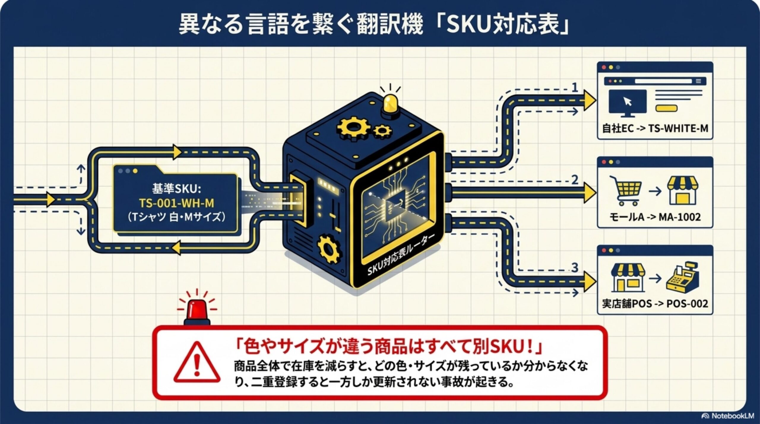 異なる言語を繋ぐ翻訳機「SKU対応表」。基準SKU：TS-001-WH-M（Tシャツ白・Mサイズ）を、自社EC→TS-WHITE-M、モールA→MA-1002、実店舗POS→POS-002へ変換して送る。色やサイズが違う商品はすべて別SKU。商品全体で在庫を減らすとどの色・サイズが残っているか分からなくなり、二重登録すると一方しか更新されない事故が起きる