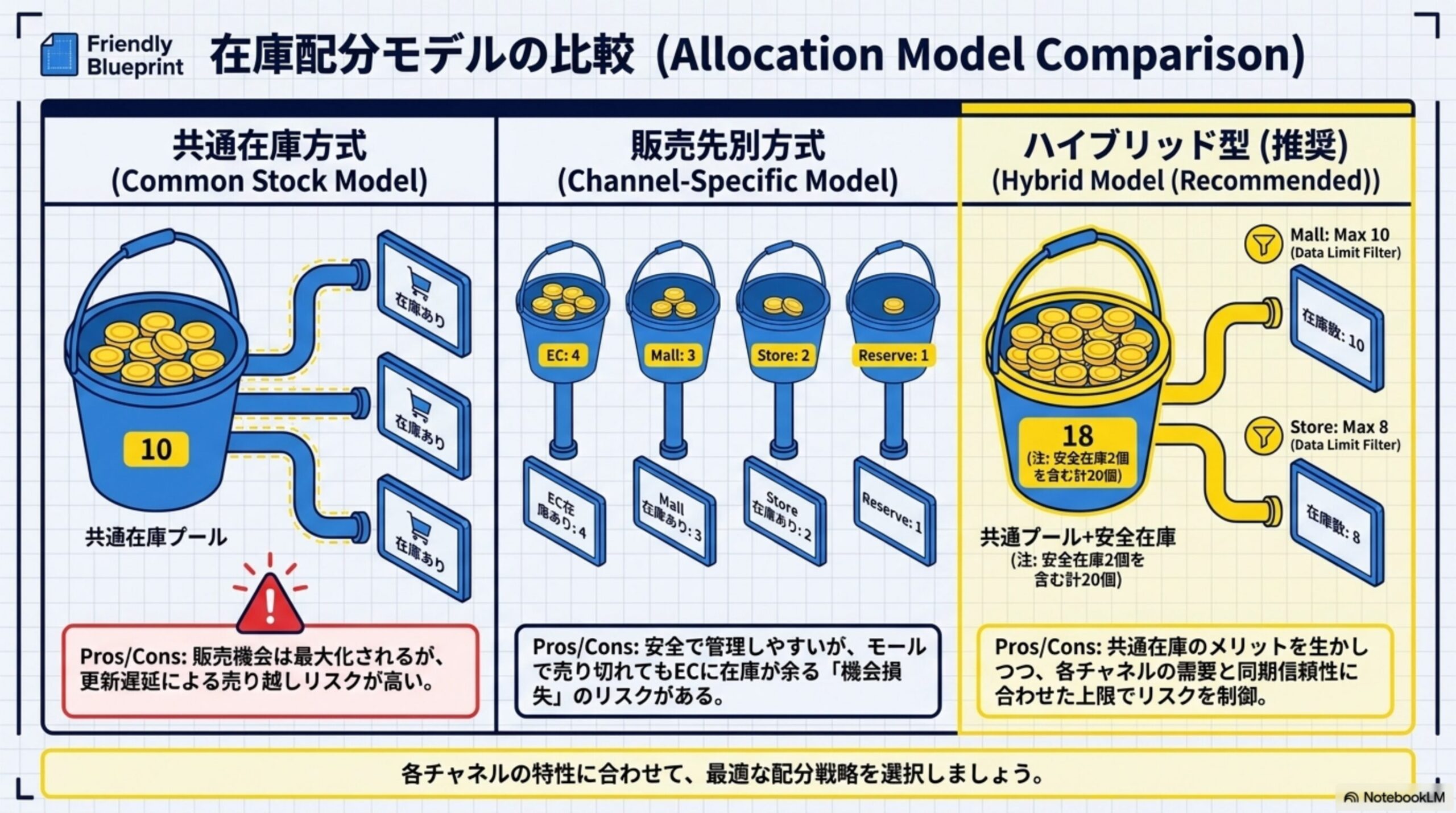 在庫配分モデルの比較。共通在庫方式：共通在庫プール10個から各販売先へ在庫ありを配信、販売機会は最大化されるが更新遅延による売り越しリスクが高い。販売先別方式：EC4個・モール3個・店舗2個・予備1個に固定配分、安全で管理しやすいが売り切れても他に在庫が余る機会損失がある。ハイブリッド型（推奨）：共通プール18個(安全在庫2個込み計20個)にモール上限10・店舗上限8などのフィルターを設定、共通在庫のメリットを生かしつつ各チャネルの需要と同期信頼性に合わせた上限でリスクを制御