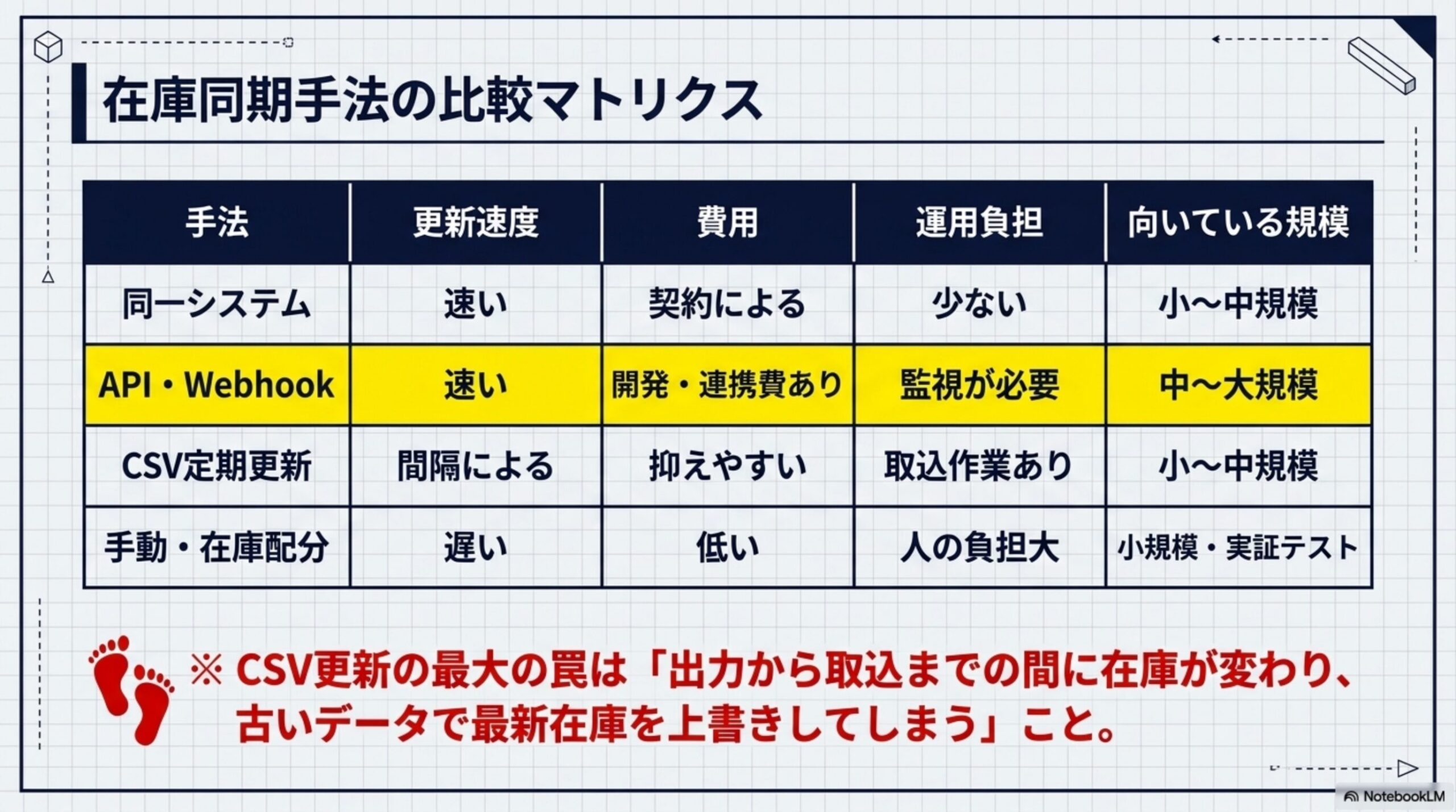 在庫同期手法の比較マトリクス。同一システム：更新速度速い・費用は契約による・運用負担少ない・小〜中規模向け。API・Webhook：更新速度速い・開発連携費あり・監視が必要・中〜大規模向け。CSV定期更新：更新間隔による・費用抑えやすい・取込作業あり・小〜中規模向け。手動・在庫配分：更新速度遅い・費用低い・人の負担大きい・小規模実証向け。CSV更新の最大の罠は出力から取込までの間に在庫が変わり古いデータで最新在庫を上書きしてしまうこと