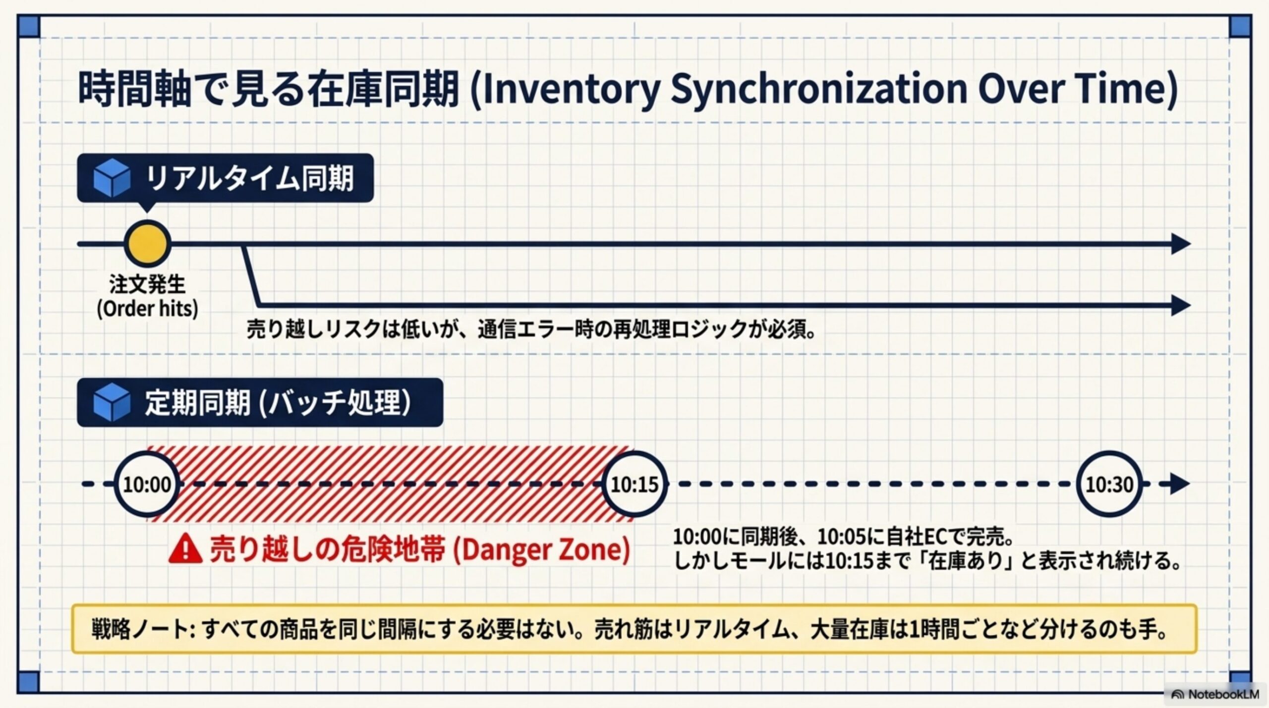 時間軸で見る在庫同期。リアルタイム同期：注文発生直後に更新、売り越しリスクは低いが通信エラー時の再処理ロジックが必須。定期同期（バッチ処理）：10:00に同期後10:05に自社ECで完売してもモールには10:15まで在庫ありと表示され続ける売り越しの危険地帯が発生する。戦略ノート：すべての商品を同じ間隔にする必要はない。売れ筋はリアルタイム、大量在庫は1時間ごとなど分けるのも手