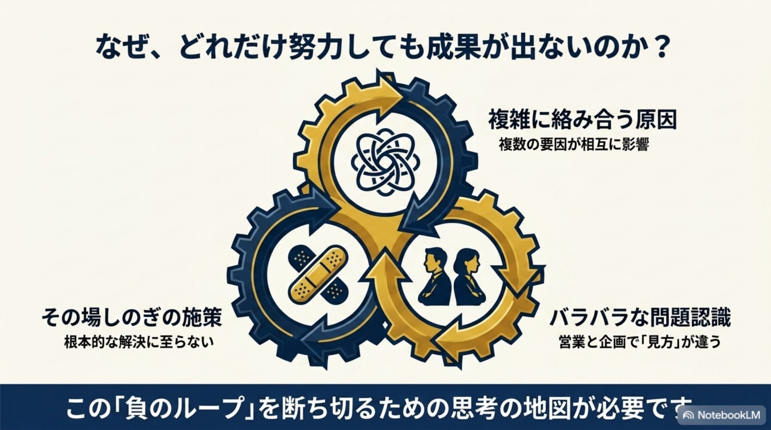 複雑な原因・ばらばらな問題認識・その場しのぎの施策による負のループ