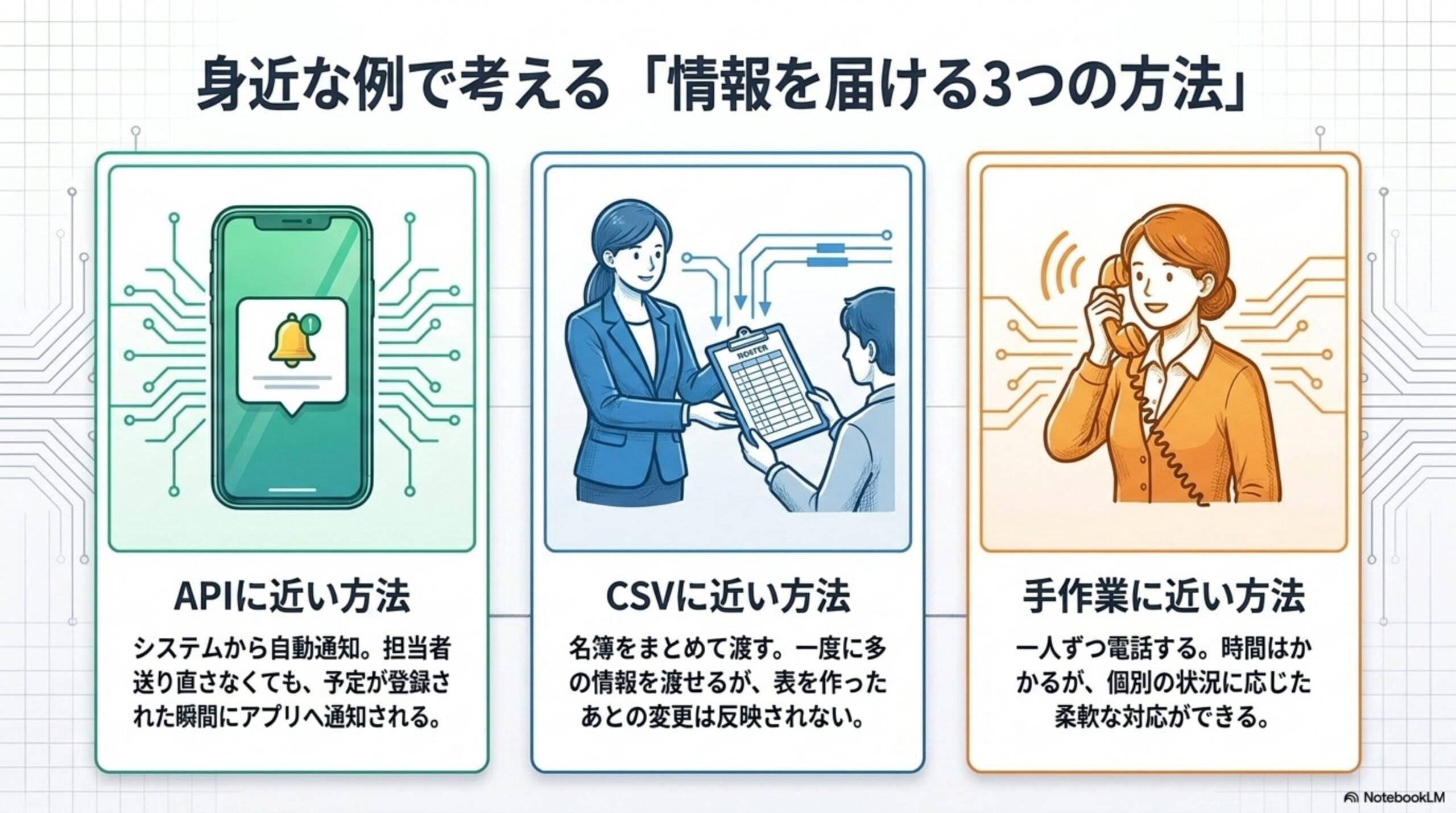 身近な例で考える「情報を届ける3つの方法」。APIに近い方法：システムから自動通知、担当者が送り直さなくても予定が登録された瞬間にアプリへ通知される。CSVに近い方法：名簿をまとめて渡す、一度に多くの情報を渡せるが表を作ったあとの変更は反映されない。手作業に近い方法：一人ずつ電話する、時間はかかるが個別の状況に応じた柔軟な対応ができる