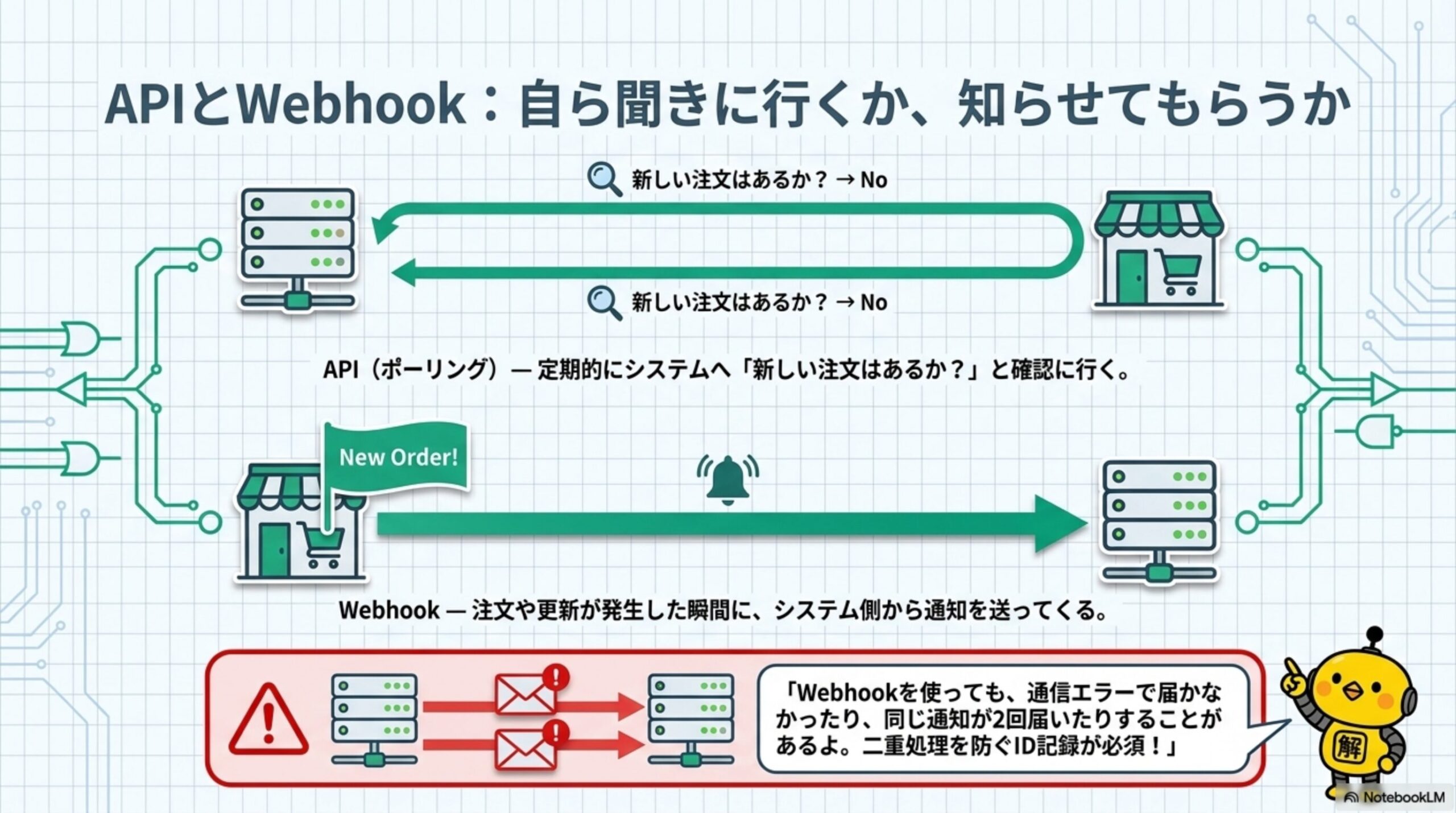 APIとWebhook：自ら聞きに行くか、知らせてもらうか。API（ポーリング）：自社システムがECへ「新しい注文はあるか？」と定期的に確認しに行く。Webhook：ECで注文が発生した瞬間にシステム側から自社システムへ通知が送られる。Webhookを使っても通信エラーで届かなかったり同じ通知が2回届いたりすることがあるため二重処理を防ぐID記録が必須