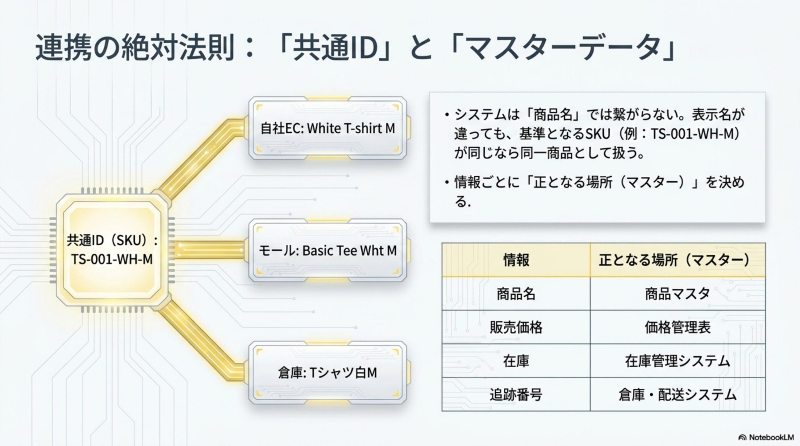 連携の絶対法則：「共通ID」と「マスターデータ」。共通ID(SKU)：TS-001-WH-Mを軸に、自社EC「White T-shirt M」、モール「Basic Tee Wht M」、倉庫「Tシャツ白M」という表示名の違う商品を同一商品として繋ぐ。システムは商品名では繋がらない、表示名が違っても基準となるSKUが同じなら同一商品として扱う。情報ごとに正となる場所（マスター）を決める：商品名は商品マスタ、販売価格は価格管理表、在庫は在庫管理システム、追跡番号は倉庫・配送システム