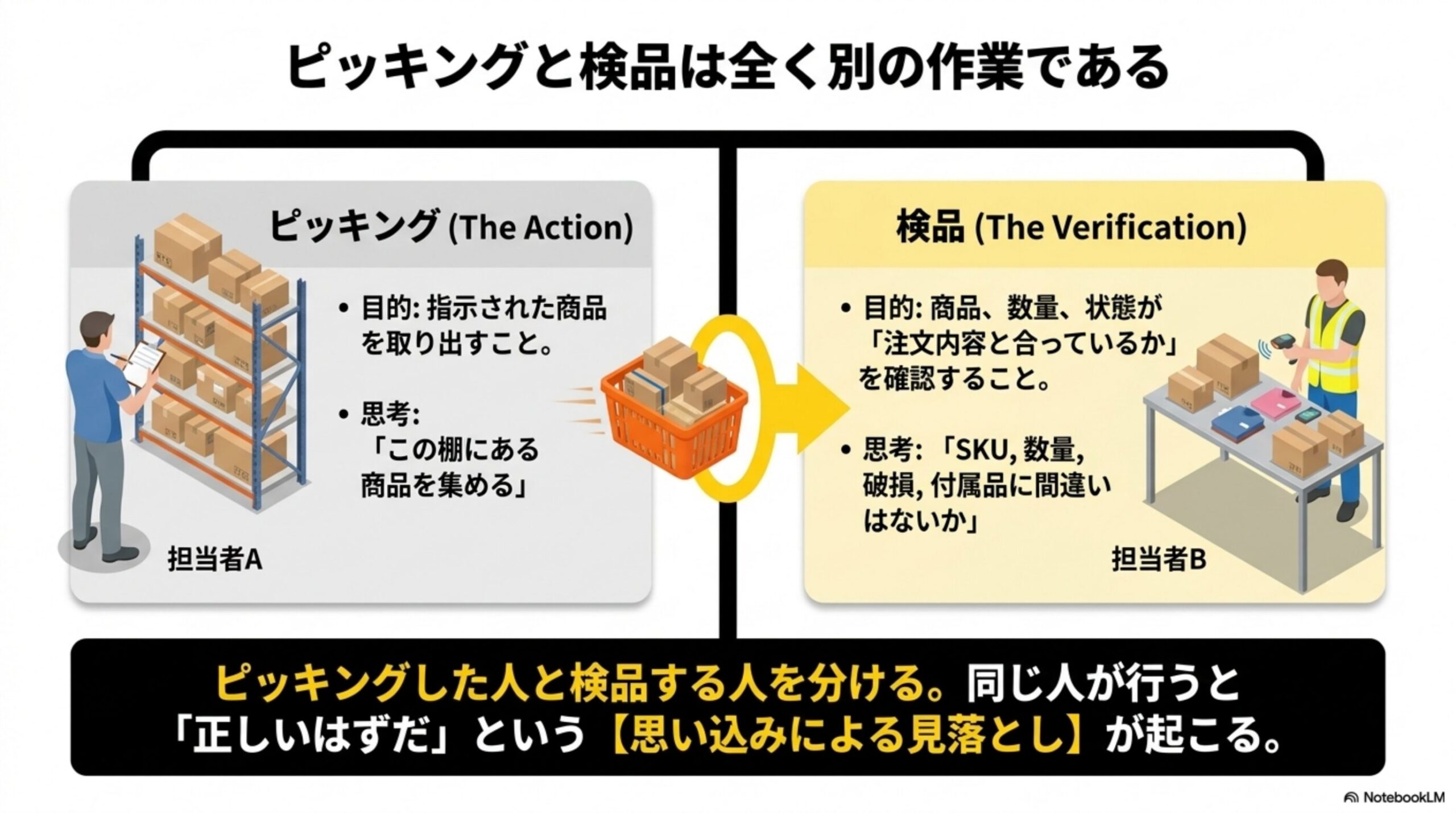ピッキングと検品は全く別の作業である。ピッキング(The Action)は担当者Aが「この棚にある商品を集める」という思考で指示された商品を取り出すこと。検品(The Verification)は担当者Bが「SKU,数量,破損,付属品に間違いはないか」という思考で商品・数量・状態が注文内容と合っているかを確認すること。ピッキングした人と検品する人を分ける。同じ人が行うと正しいはずだという思い込みによる見落としが起こる