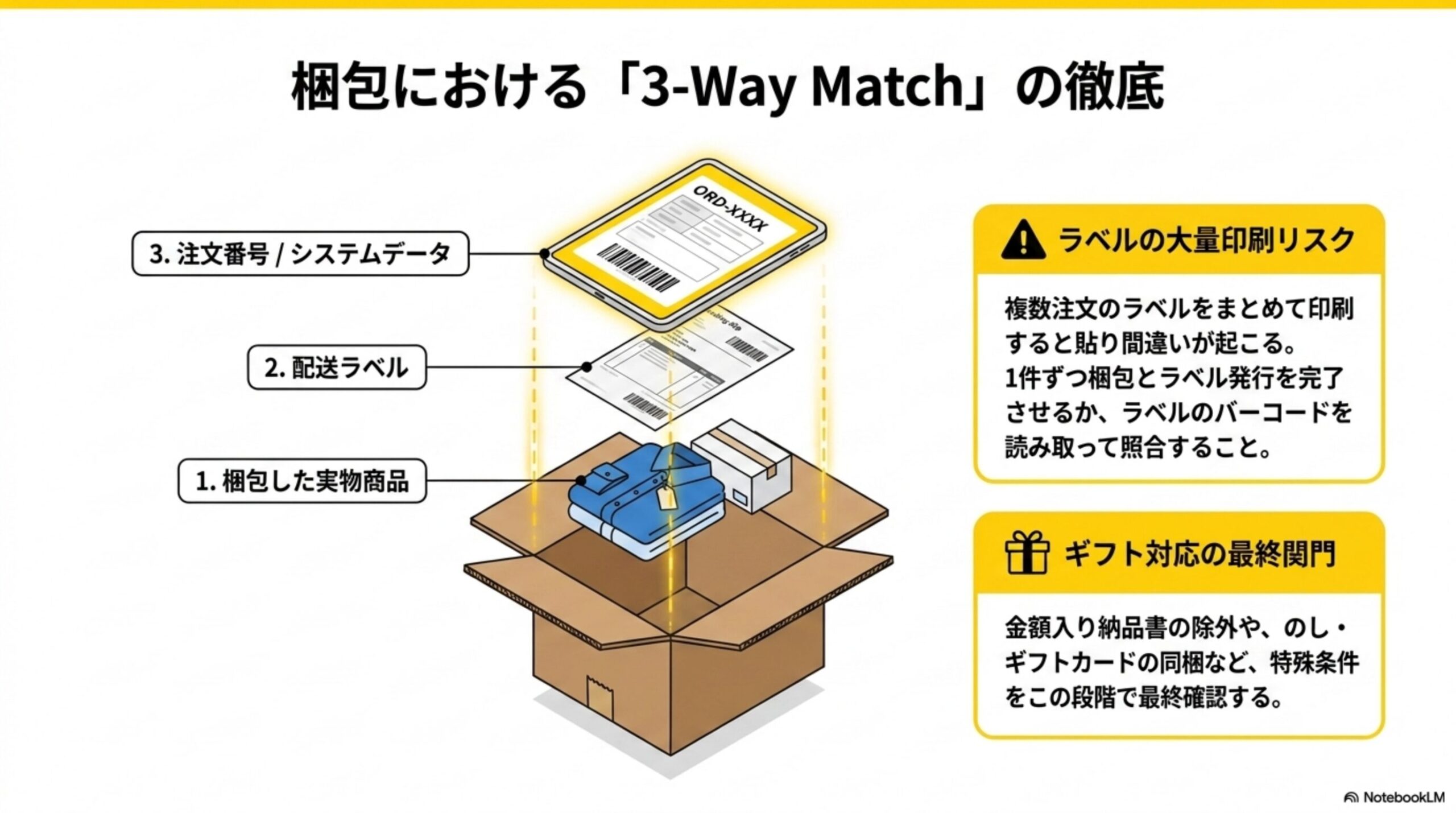梱包における「3-Way Match」の徹底。1梱包した実物商品、2配送ラベル、3注文番号/システムデータの3つを照合する。ラベルの大量印刷リスク：複数注文のラベルをまとめて印刷すると貼り間違いが起こる。1件ずつ梱包とラベル発行を完了させるか、ラベルのバーコードを読み取って照合すること。ギフト対応の最終関門：金額入り納品書の除外や、のし・ギフトカードの同梱など特殊条件をこの段階で最終確認する