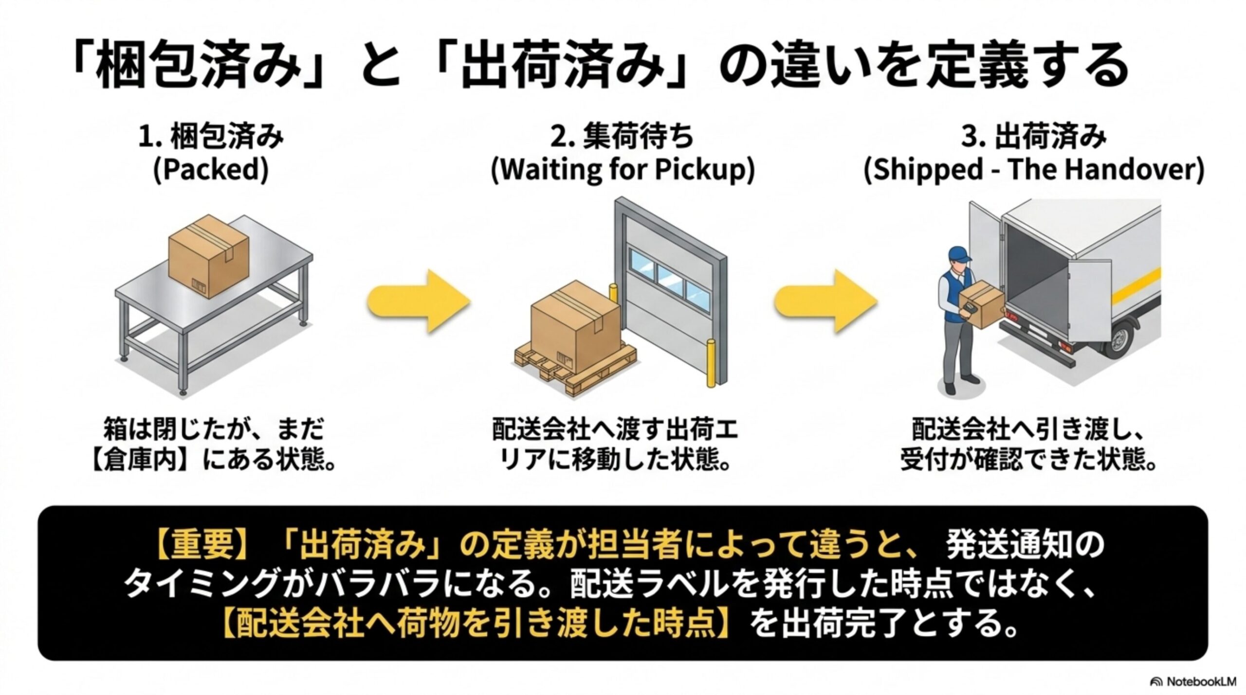 「梱包済み」と「出荷済み」の違いを定義する。1梱包済み(Packed)：箱は閉じたが、まだ倉庫内にある状態。2集荷待ち(Waiting for Pickup)：配送会社へ渡す出荷エリアに移動した状態。3出荷済み(Shipped)：配送会社へ引き渡し、受付が確認できた状態。「出荷済み」の定義が担当者によって違うと発送通知のタイミングがバラバラになる。配送ラベルを発行した時点ではなく、配送会社へ荷物を引き渡した時点を出荷完了とする