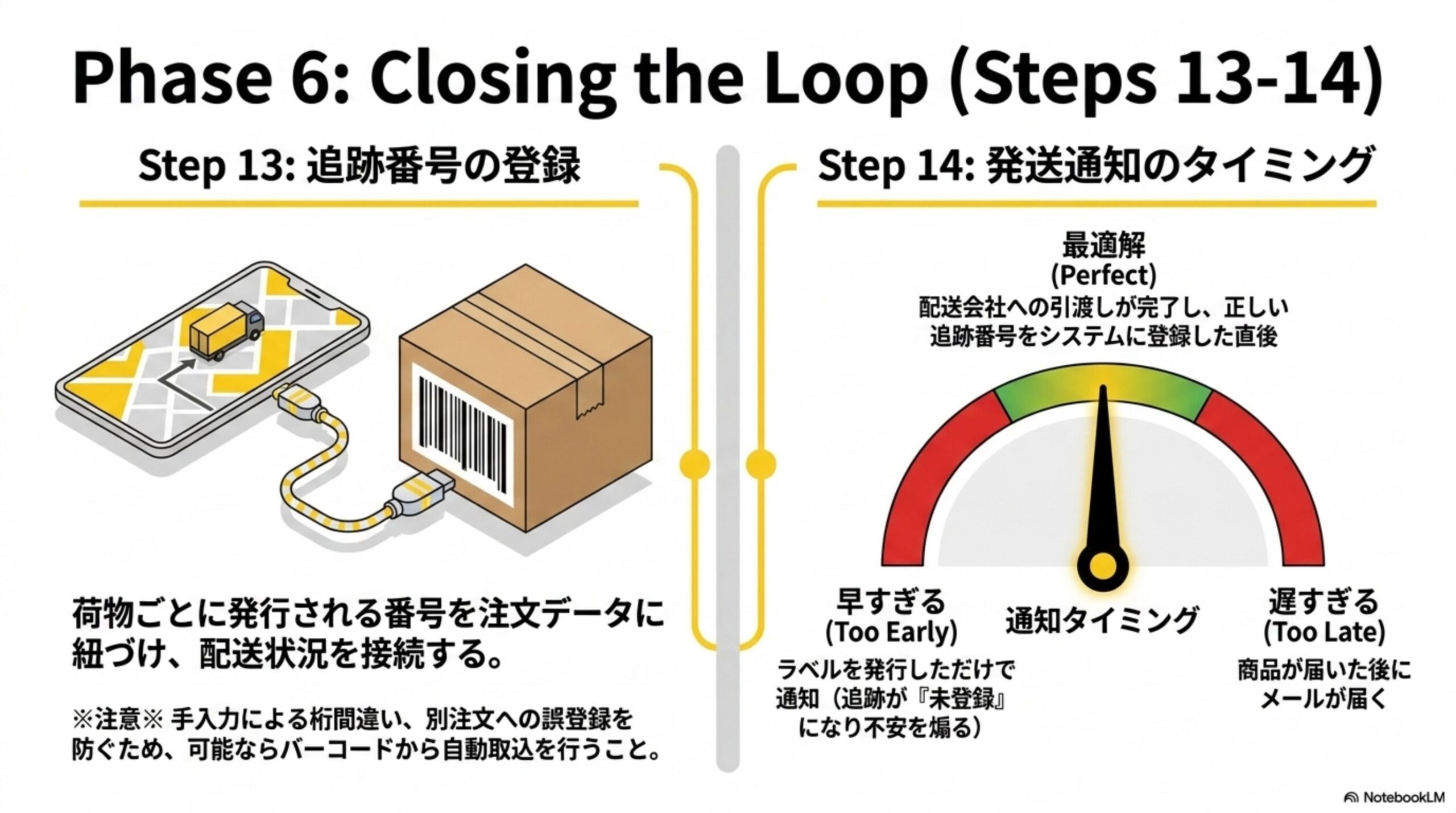 Phase6: Closing the Loop (Steps 13-14)。Step13追跡番号の登録：荷物ごとに発行される番号を注文データに紐づけ、配送状況を接続する。手入力による桁間違い、別注文への誤登録を防ぐため、可能ならバーコードから自動取込を行うこと。Step14発送通知のタイミング：最適解は配送会社への引渡しが完了し正しい追跡番号をシステムに登録した直後。早すぎる(ラベルを発行しただけで通知)と遅すぎる(商品が届いた後にメールが届く)の間の適切なタイミングを狙う