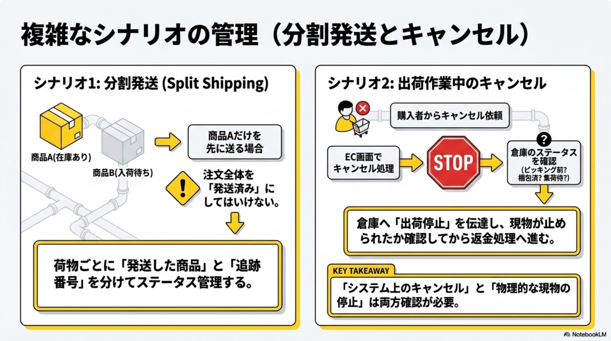 複雑なシナリオの管理（分割発送とキャンセル）。シナリオ1分割発送：商品A(在庫あり)と商品B(入荷待ち)で商品Aだけを先に送る場合、注文全体を発送済みにしてはいけない。荷物ごとに発送した商品と追跡番号を分けてステータス管理する。シナリオ2出荷作業中のキャンセル：購入者からキャンセル依頼→EC画面でキャンセル処理はSTOP→倉庫のステータスを確認（ピッキング前？梱包済？集荷待？）→倉庫へ出荷停止を伝達し現物が止められたか確認してから返金処理へ進む。システム上のキャンセルと物理的な現物の停止は両方確認が必要