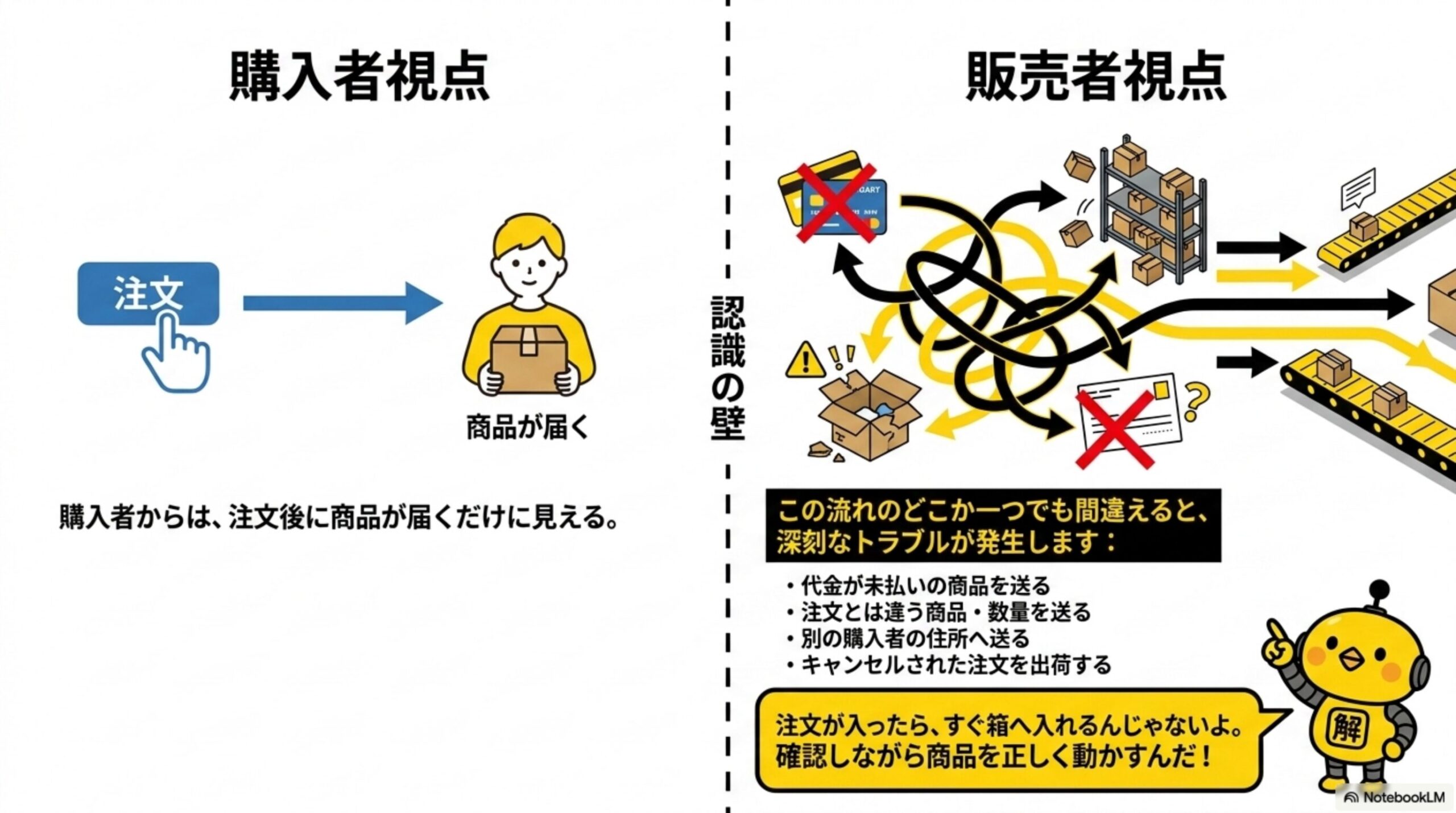 購入者視点と販売者視点。購入者からは注文ボタンを押すとすぐ商品が届くだけに見える。販売者視点では、決済失敗の可能性・倉庫の棚・配送ラベルの疑問符・ベルトコンベアなど複雑な工程が絡み合う。この流れのどこか一つでも間違えると、代金が未払いの商品を送る・注文とは違う商品や数量を送る・別の購入者の住所へ送る・キャンセルされた注文を出荷するといった深刻なトラブルが発生する