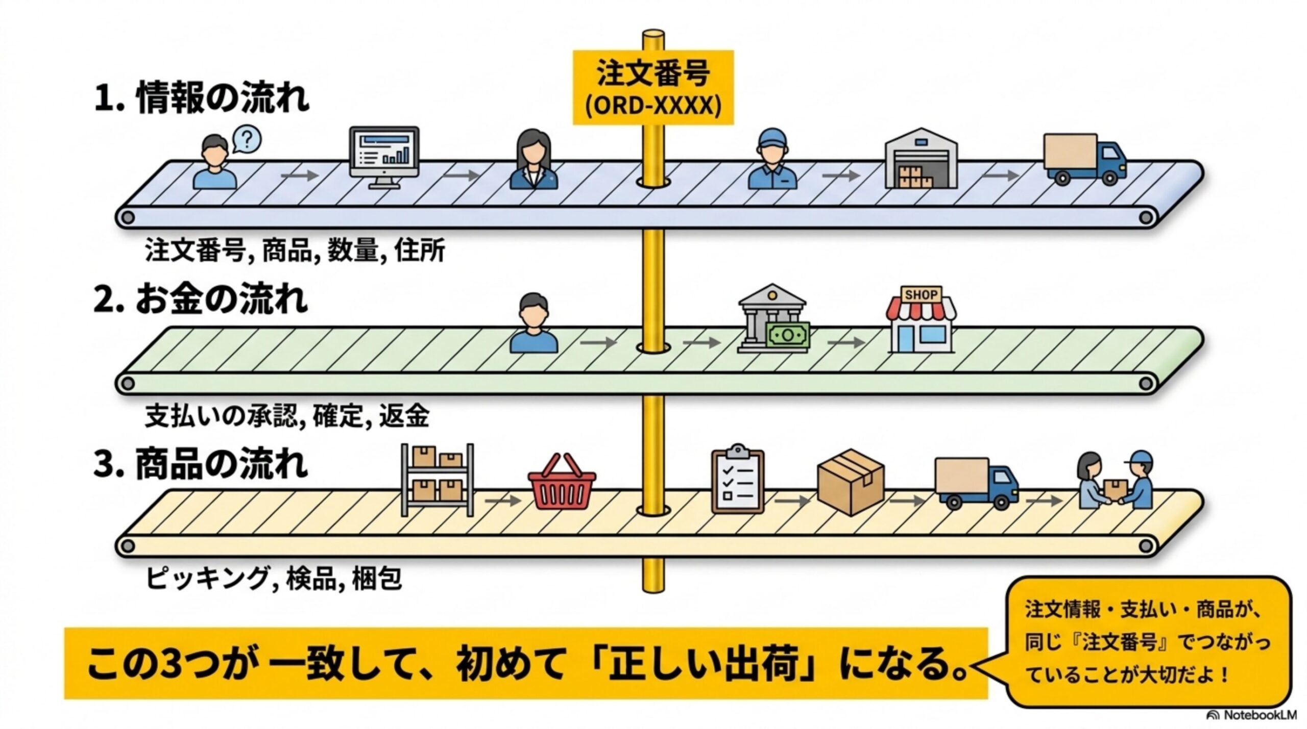 1.情報の流れ：購入者→ECシステム→受注担当→倉庫→配送会社（注文番号,商品,数量,住所）。2.お金の流れ：購入者→決済会社→販売者（支払いの承認,確定,返金）。3.商品の流れ：倉庫の棚→ピッキング→検品→梱包→配送会社→購入者。注文番号(ORD-XXXX)を軸に3つの流れが一致して初めて正しい出荷になる