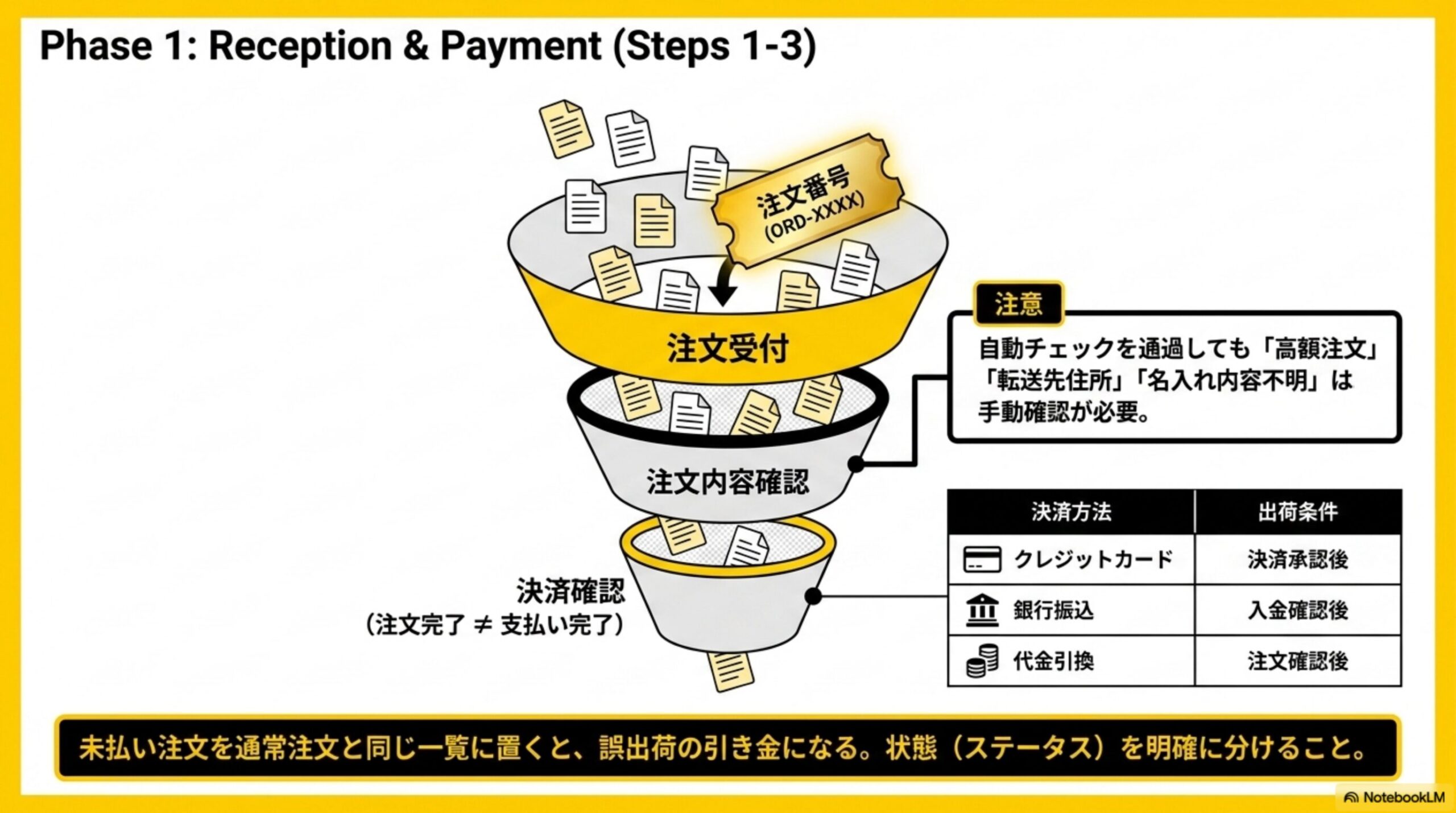 Phase1: Reception & Payment (Steps 1-3)。注文受付→注文内容確認→決済確認(注文完了≠支払い完了)の漏斗図。注意：自動チェックを通過しても高額注文・転送先住所・名入れ内容不明は手動確認が必要。決済方法別出荷条件：クレジットカードは決済承認後、銀行振込は入金確認後、代金引換は注文確認後。未払い注文を通常注文と同じ一覧に置くと誤出荷の引き金になる