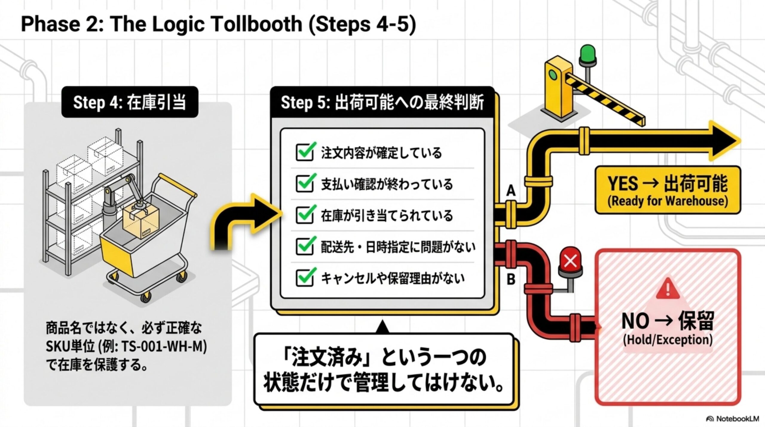 Phase2: The Logic Tollbooth (Steps 4-5)。Step4在庫引当：商品名ではなく必ず正確なSKU単位(例：TS-001-WH-M)で在庫を保護する。Step5出荷可能への最終判断：注文内容が確定している・支払い確認が終わっている・在庫が引き当てられている・配送先日時指定に問題がない・キャンセルや保留理由がないの5項目チェック。YESなら出荷可能(Ready for Warehouse)、NOなら保留(Hold/Exception)。「注文済み」という一つの状態だけで管理してはいけない