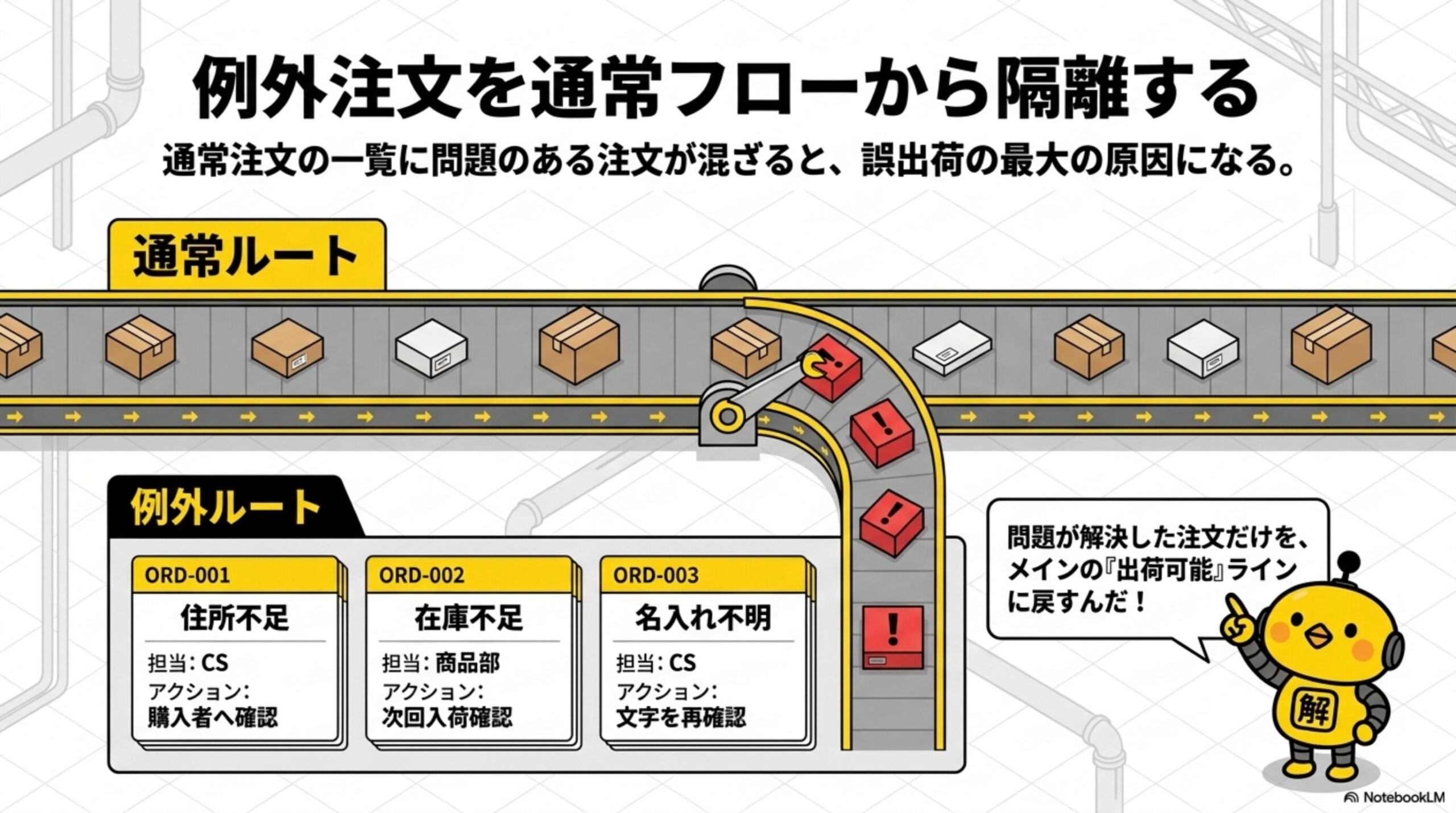 例外注文を通常フローから隔離する。通常注文の一覧に問題のある注文が混ざると誤出荷の最大の原因になる。通常ルートのベルトコンベアから、問題のある注文（赤い箱）だけを例外ルートへ振り分ける。ORD-001住所不足担当CSアクション購入者へ確認、ORD-002在庫不足担当商品部アクション次回入荷確認、ORD-003名入れ不明担当CSアクション文字を再確認。問題が解決した注文だけをメインの出荷可能ラインに戻す