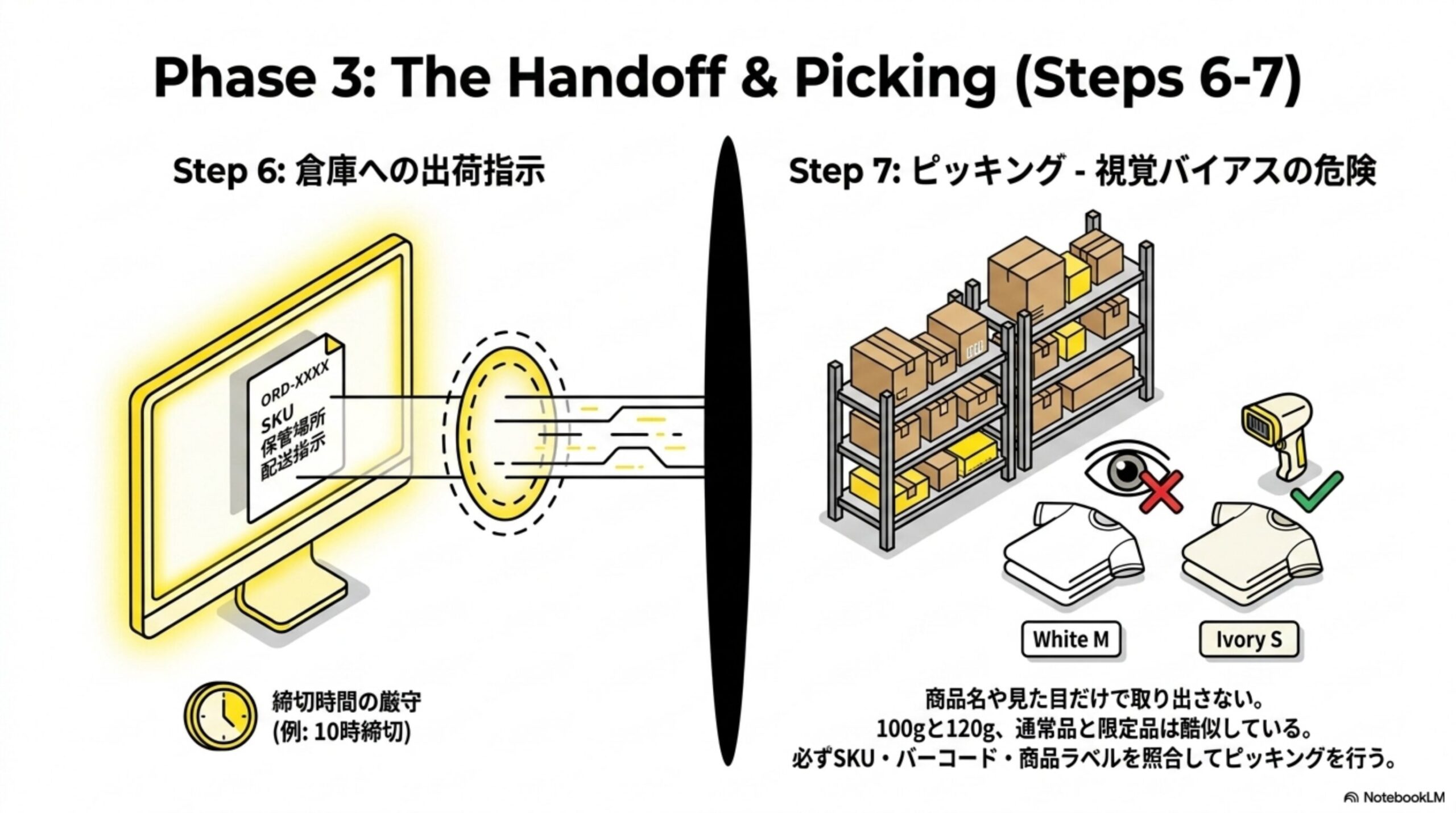 Phase3: The Handoff & Picking (Steps 6-7)。Step6倉庫への出荷指示：注文番号・SKU・保管場所・配送指示を締切時間厳守で送る（例：10時締切）。Step7ピッキング-視覚バイアスの危険：商品名や見た目だけで取り出さない。100gと120g、通常品と限定品は酷似している。必ずSKU・バーコード・商品ラベルを照合してピッキングを行う（White MとIvory Sの取り違え例）