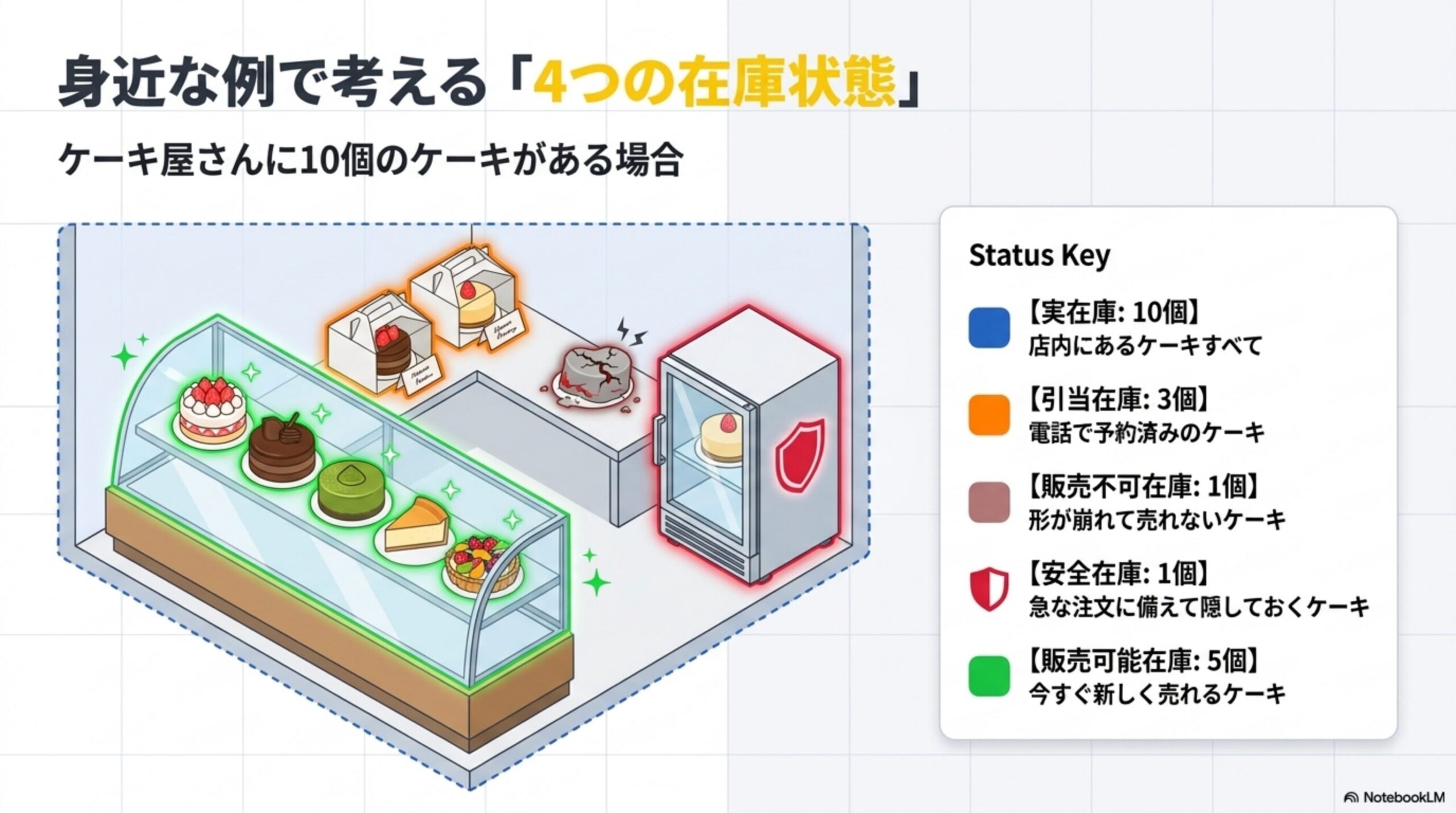 実在庫と帳簿在庫のずれ。実在庫は倉庫に実際に存在する数量。すでに注文された商品・破損している商品・品質確認中の商品・返品確認中の商品・展示や撮影に使用している商品・安全在庫として確保している商品も物理的には実在庫に含まれる場合がある。実際に数えた在庫とシステムの在庫が一致しないことがあり、定期的に現物と照合する必要がある