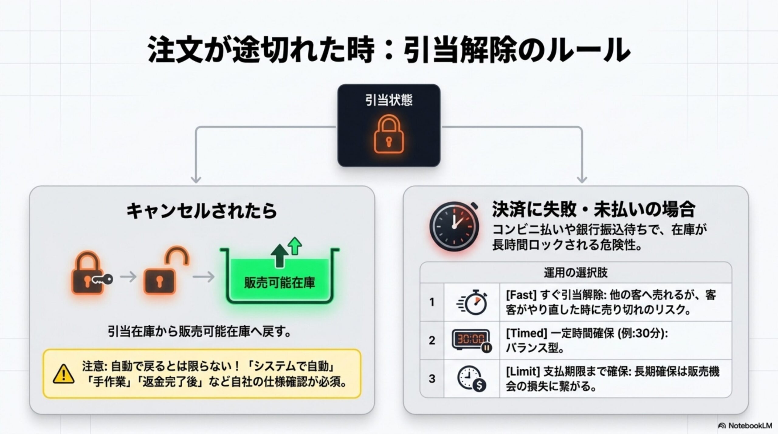 安全在庫と再発注点の違い。安全在庫は予想外の需要や入荷遅れに備える予備、再発注点は在庫がこの数量まで減ったら仕入れ・製造を依頼する基準。再発注点＝入荷までに売れる見込み数＋安全在庫。例：1日の平均販売数3個×発注から入荷まで4日＝12個、12個＋安全在庫5個＝再発注点17個