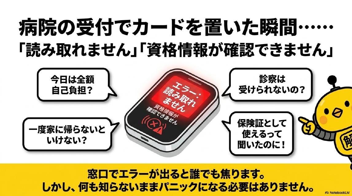 病院の受付でカードを置いた瞬間……『読み取れません』『資格情報が確認できません』。今日は全額自己負担？診察は受けられないの？一度家に帰らないといけない？保険証として使えるって聞いたのに！窓口でエラーが出ると誰でも焦ります。しかし何も知らないままパニックになる必要はありません。