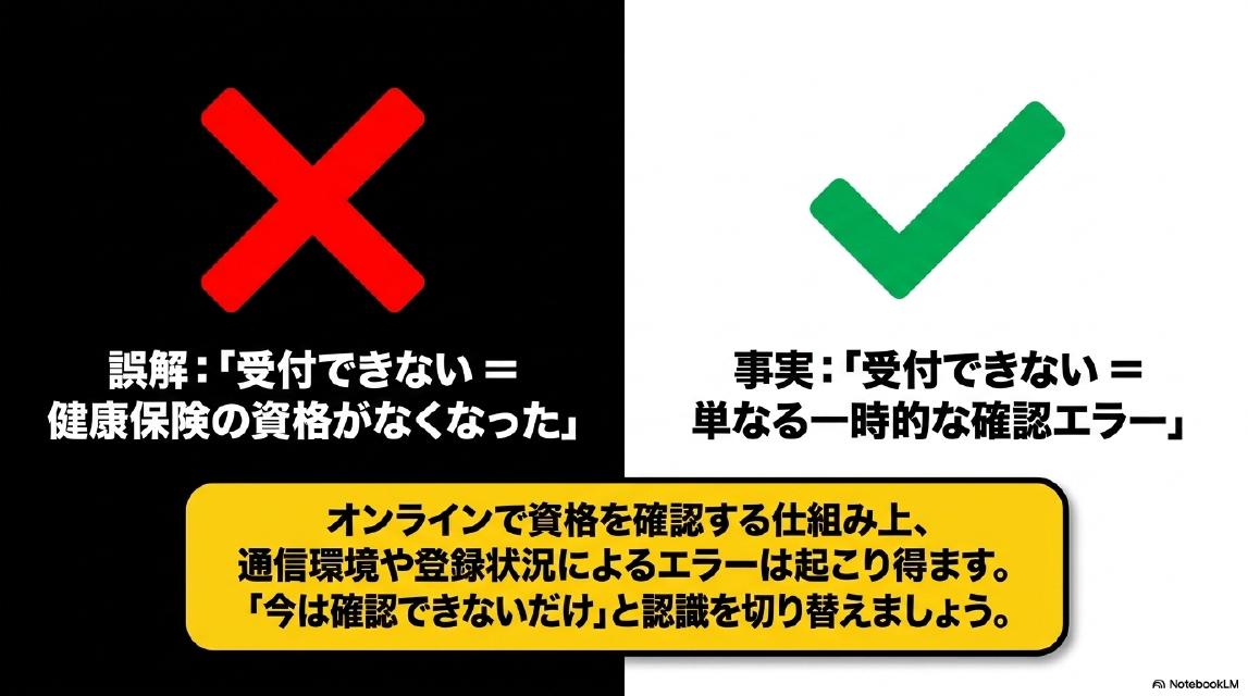 誤解：『受付できない＝健康保険の資格がなくなった』。事実：『受付できない＝単なる一時的な確認エラー』。オンラインで資格を確認する仕組み上、通信環境や登録状況によるエラーは起こり得ます。『今は確認できないだけ』と認識を切り替えましょう。
